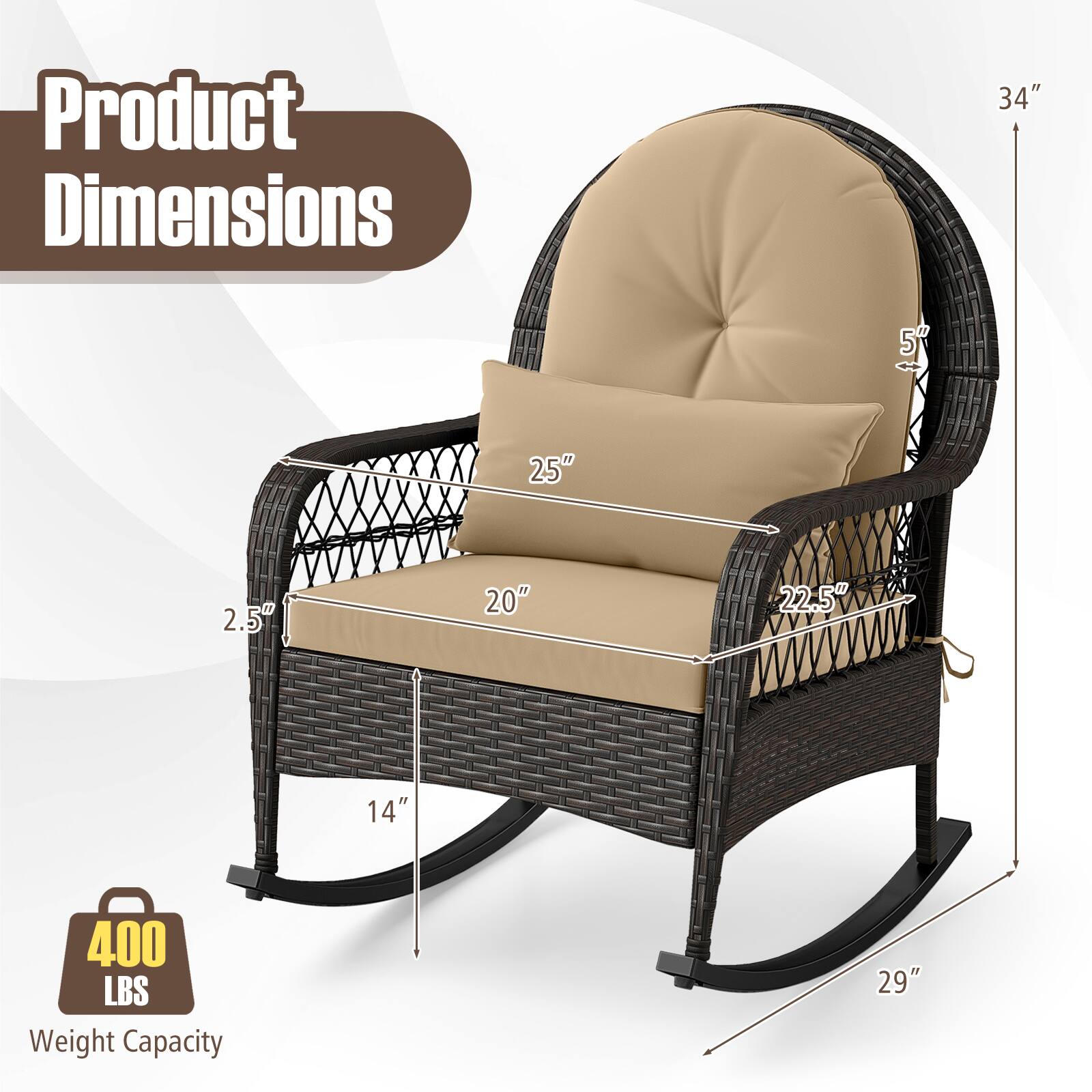 Product Dimensions: 34" x 5" x 25" x 2.5" x 20" x 22.5" x 14"  
Weight Capacity: 400 LBS