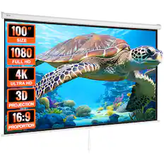 The corrected text is:
"VEVOR 100" SIZE 1080 FULL HD 4K ULTRA HD 3D PROJECTION 16:9 PROPORTION"