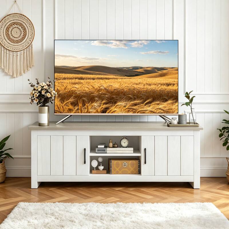Front. WELLFOR - Farmhouse TV Stand for TVs up to 65", Entertainment Center Console Table with Doors - Natural.