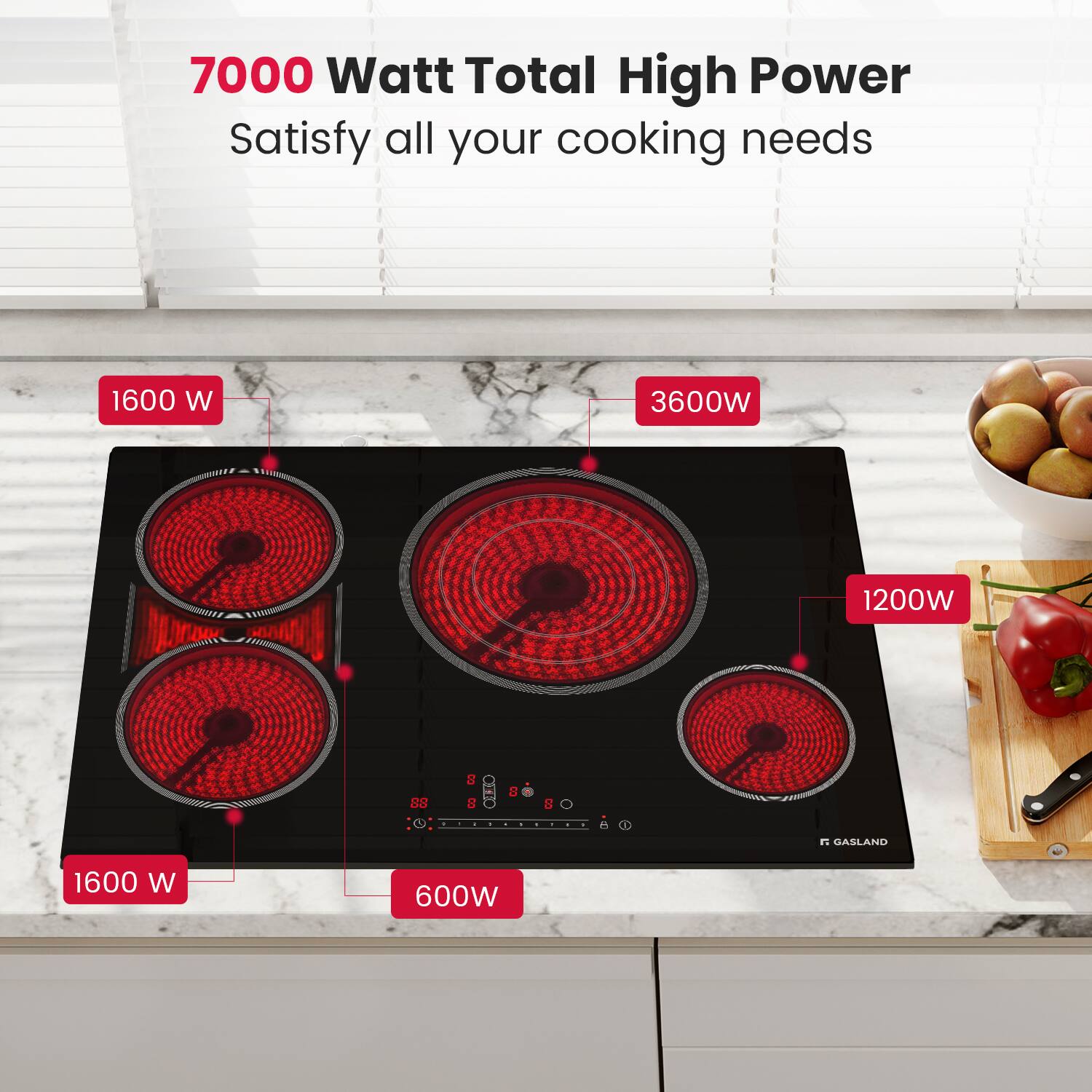 7000 Watt Total High Power  
Satisfy all your cooking needs  

1600 W  
3600W  
1200W  
600W  

GASLAND