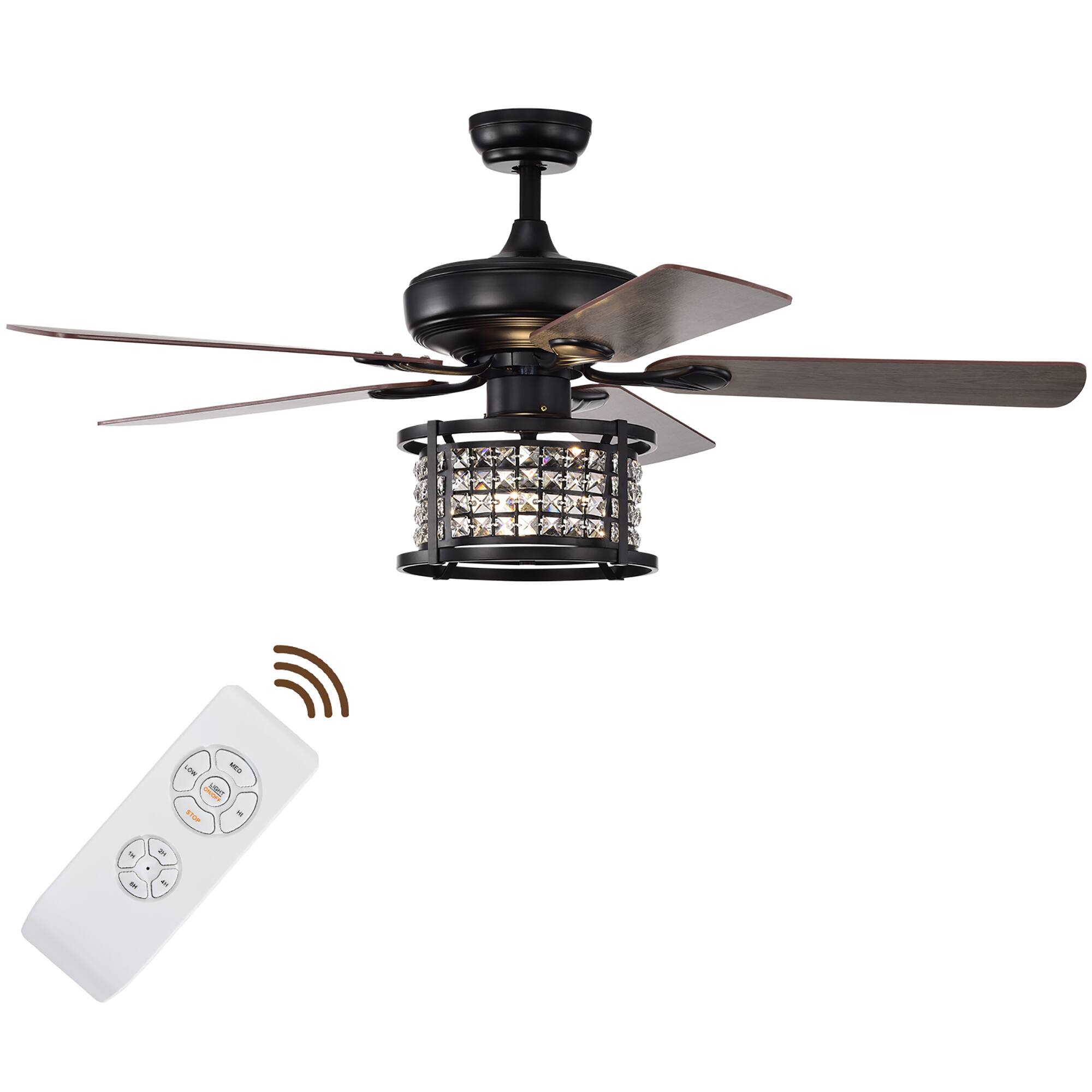 Costway - 52'' Ceiling Fan with Light Reversible Crystal Ceiling Fan Lamp W/Remote Control - Black