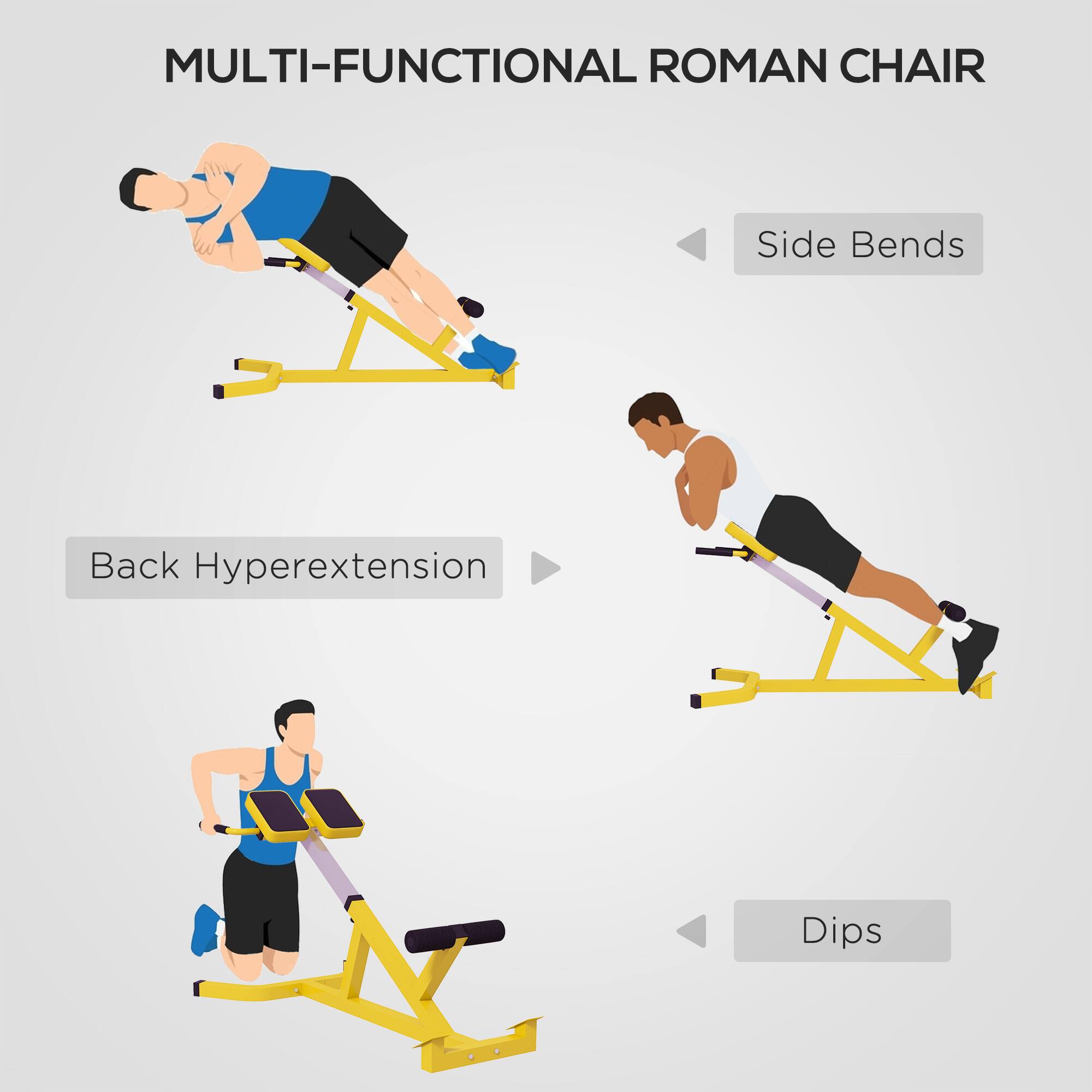 MULTI-FUNCTIONAL ROMAN CHAIR

- Back Hyperextension
- Side Bends
- Dips