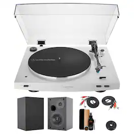 Audio-Technica - AT-LP3XBT White Fully Automatic Two-Speed Bluetooth Turntable+4" Speakers+Record Cleaning Kit Bundle