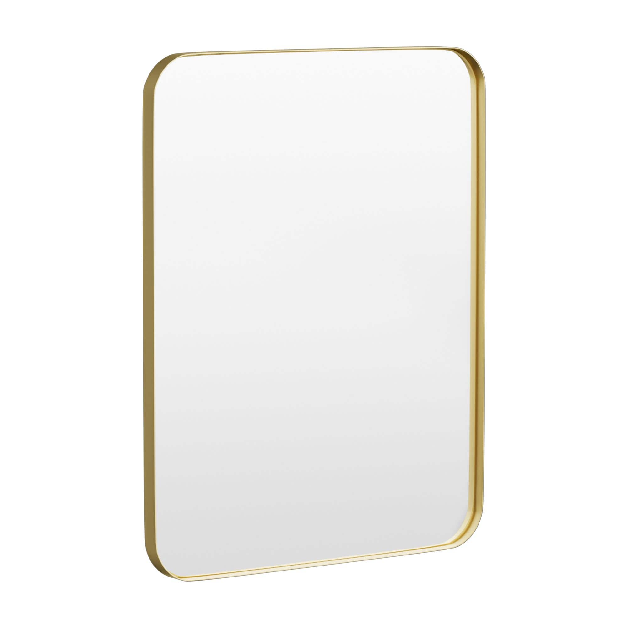 Angle. LOVMOR - Tempered Glass Rounded Rectangle Framed Wall-Mounted Bathroom Vanity Mirror - 28" x 36" - Gold.