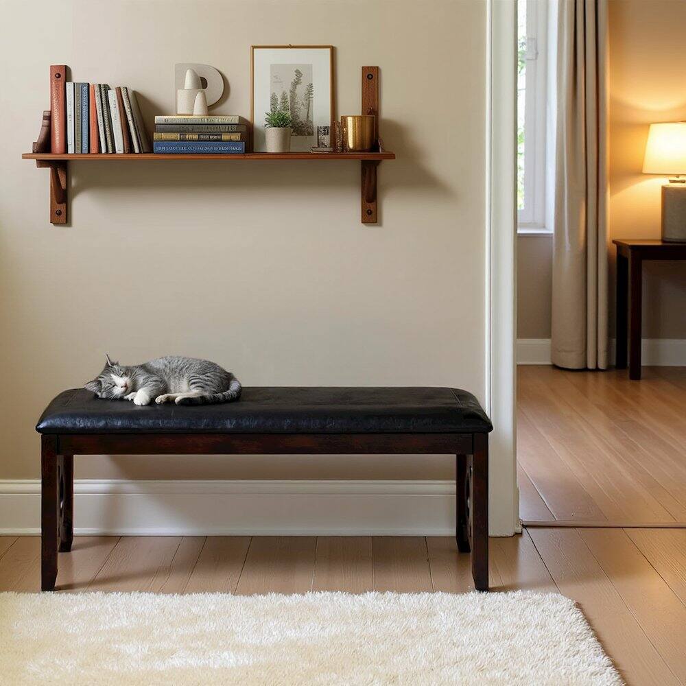 Angle. FurniFact - Ebony Black Solid Wood 46 Inch Faux Leather Vintage Bench For Living Room - Black.