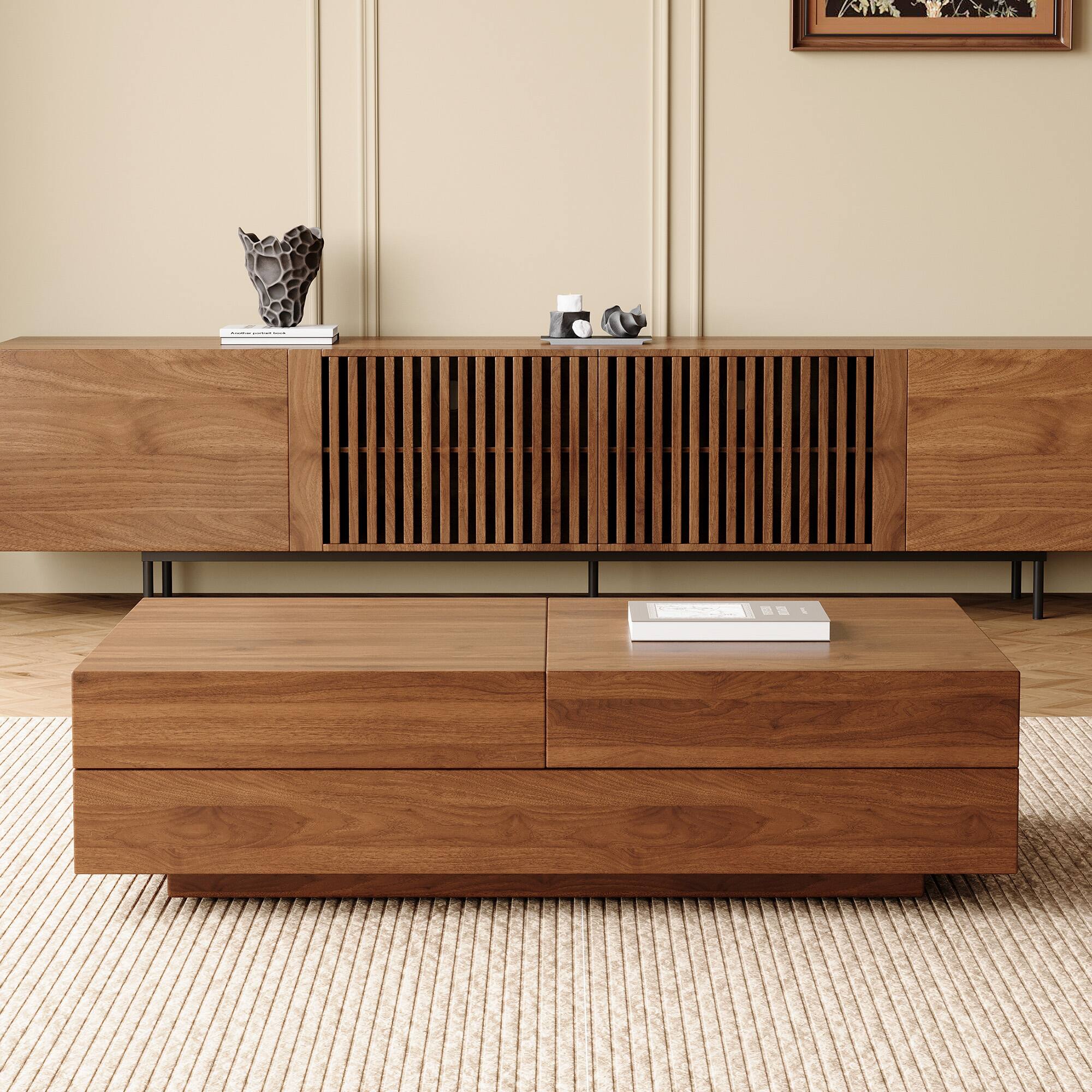 Left. luck idea - 47.2" Extendable Coffee Table with Hidden Storage Compartment | Multifunctional Center Table for Living Room Small Space - Walnut color.