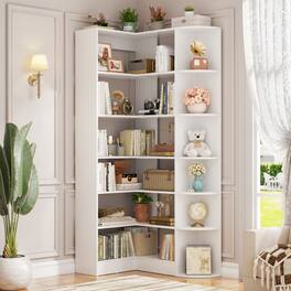Aheaplus - 6-Tier Corner Bookshelf, 71'' Tall L-Shaped Bookcase with 13 Shelves for Home & Office - White