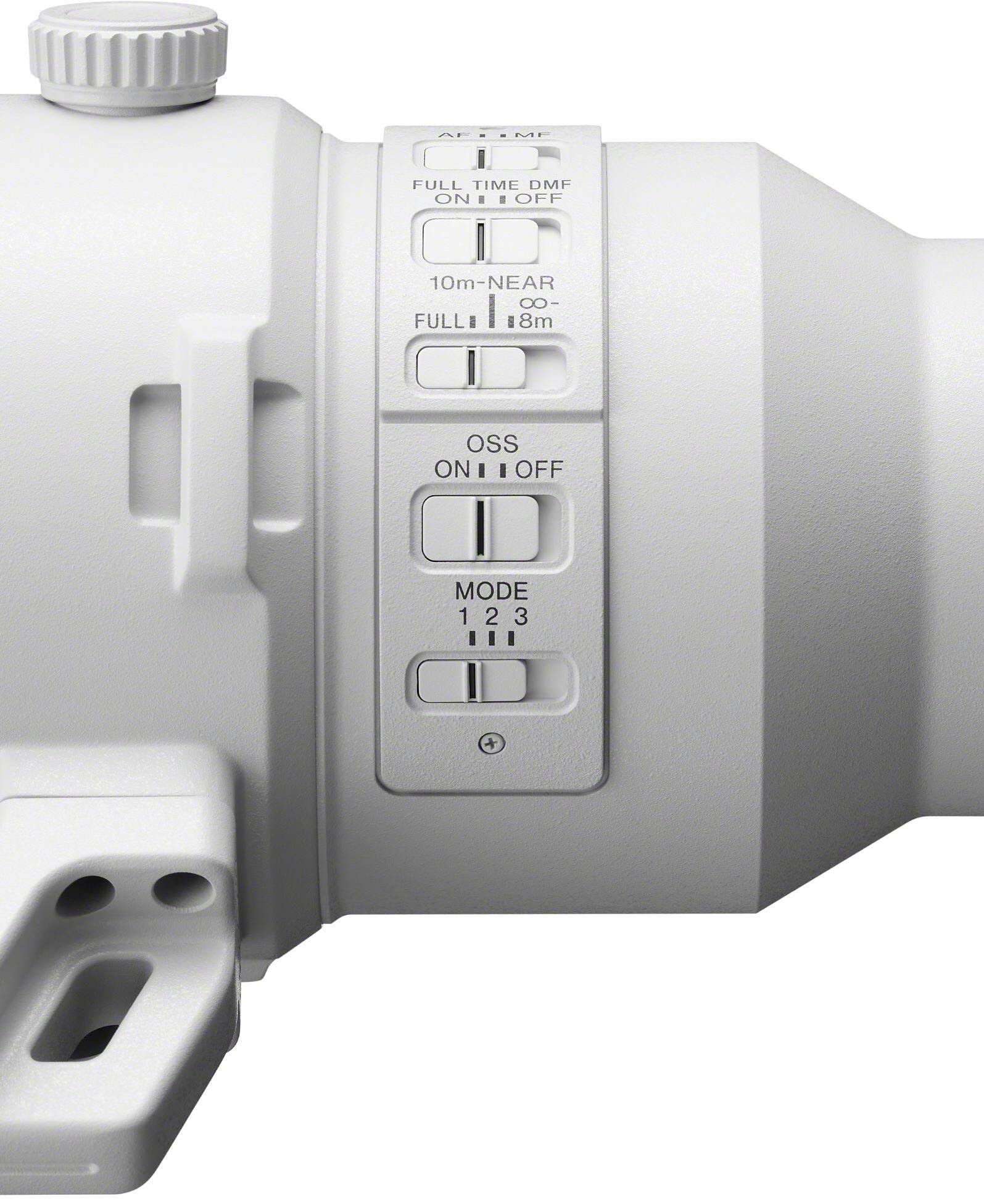 The image features a white device with a variety of buttons and settings. The buttons are labeled with the following text: FULL TIME DMF ON 1 10m-NEAR 8 FULL 1 8m OSS ON 1 1 OFF 1 2 3. The device also has a mode setting with options 1, 2, and 3.
