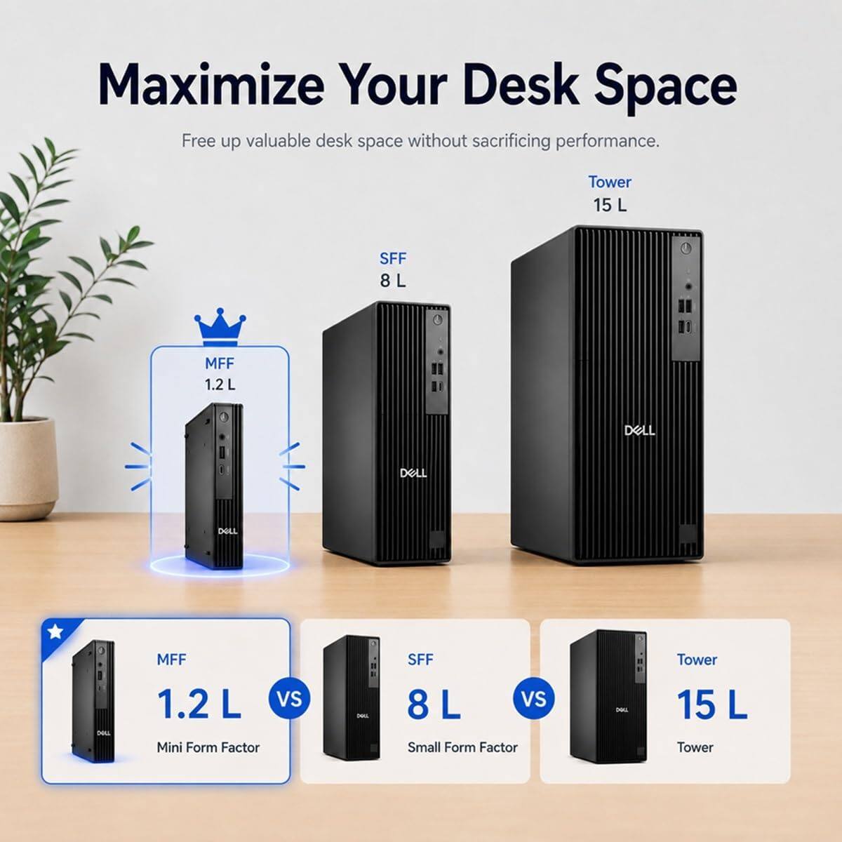 Maximize Your Desk Space  
Free up valuable desk space without sacrificing performance.

- Tower 15 L
- SFF 8 L
- MFF 1.2 L

DELL  
DELL  
DELL  
MFF  
SFF  
Tower  
DOLL  
1.2 L VS Mini Form Factor  
8 L VS Small Form Factor  
15 L Tower