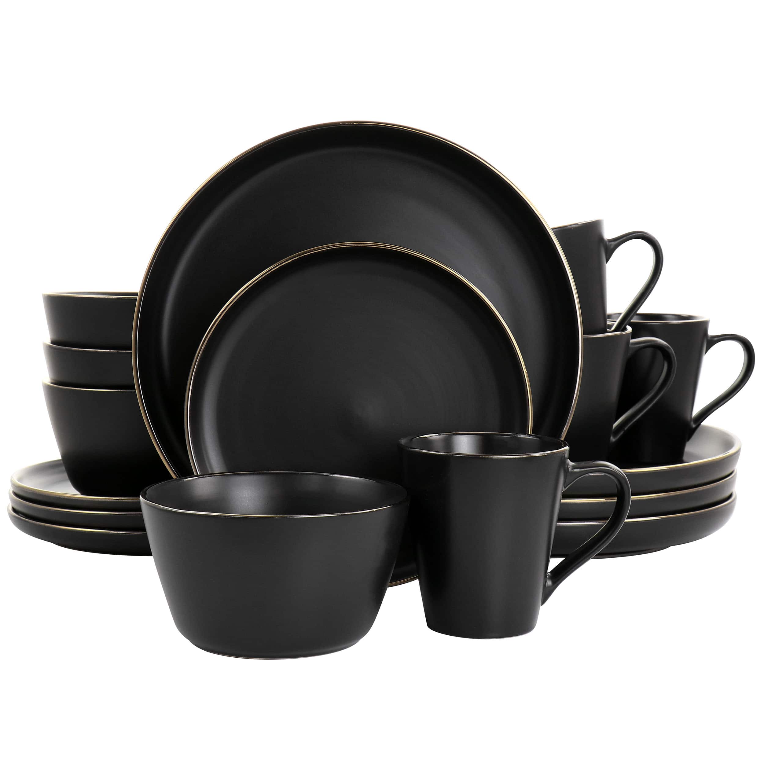 Elama - Paul 16 Piece Stoneware Dinnerware Set in Matte Black with Gold Rim - Black/Gold price history on PriceWatchPro