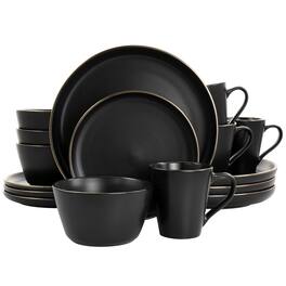 Elama - Paul 16 Piece Stoneware Dinnerware Set in Matte Black with Gold Rim - Black/Gold