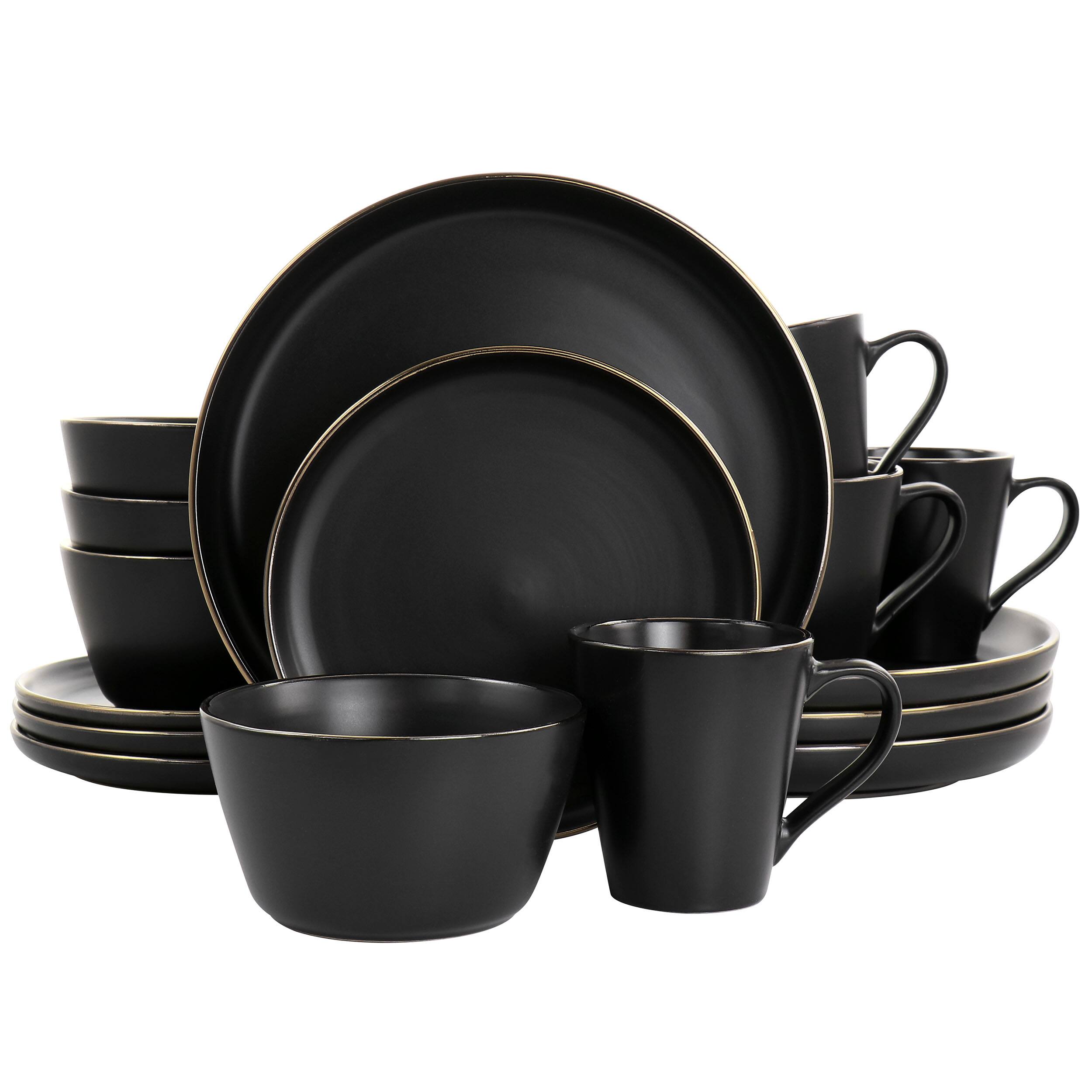 Front. Elama - Elama Paul 16 Piece Stoneware Dinnerware Set in Matte Black with Gold Rim - Black and Gold.