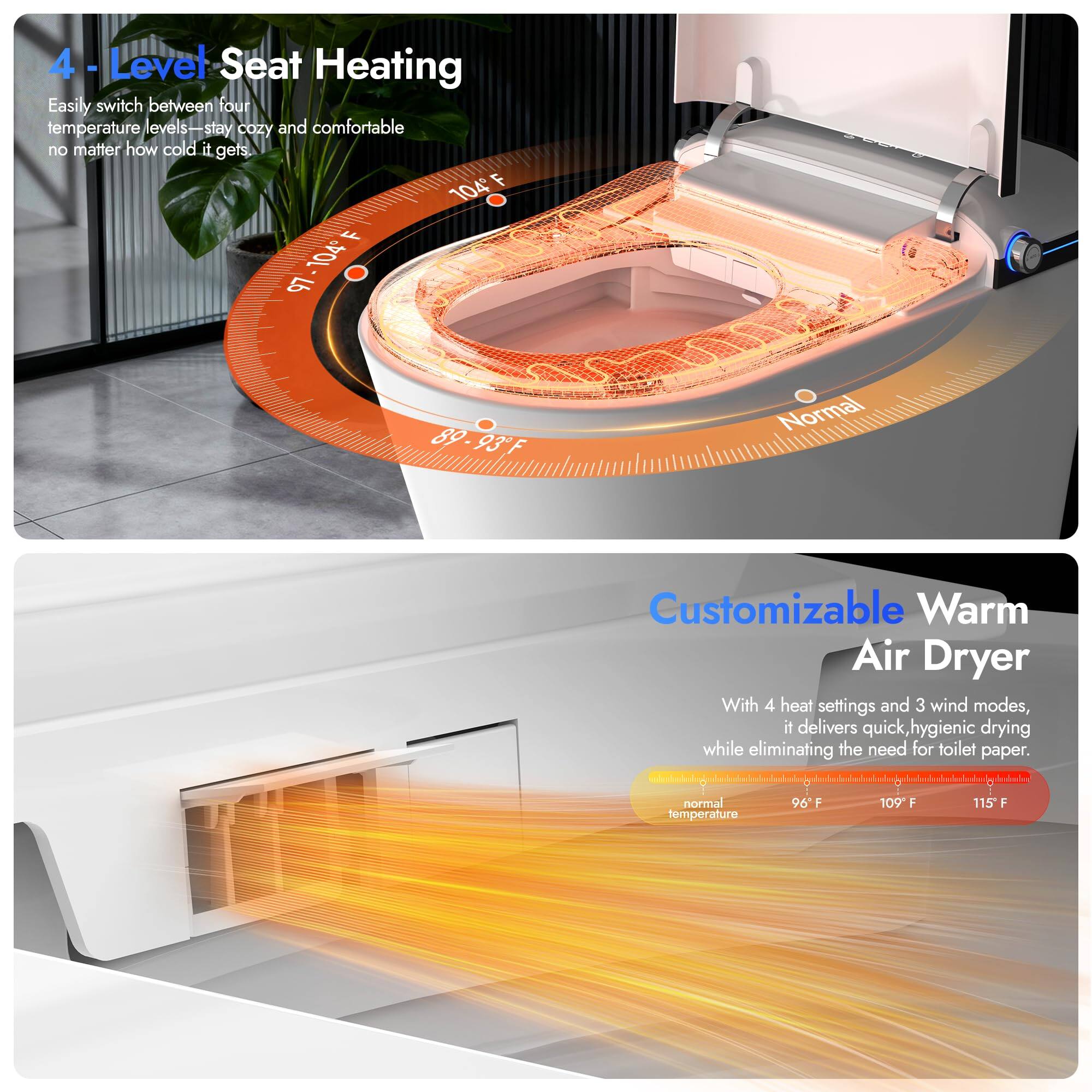 4 - Level Seat Heating  
Easily switch between four temperature levels—stay cozy and comfortable no matter how cold it gets.

Customizable Warm Air Dryer  
With 4 heat settings and 3 wind modes, it delivers quick, hygienic drying while eliminating the need for toilet paper.

- Normal temperature: 96°F
- 109°F
- 115°F