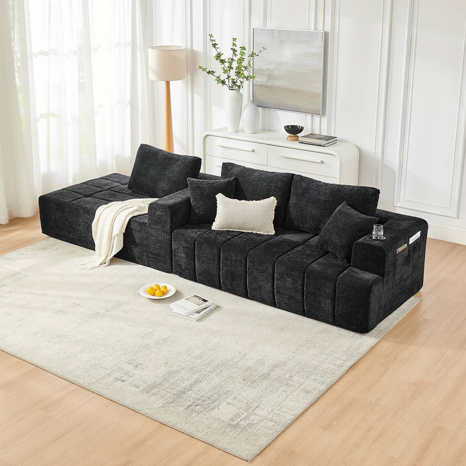 Angle. Anysun - 108" L-Shaped Compression Chenille Sectional Sofa with Left Chaise, Cup Holders & Side Pockets, No Assembly - Black.