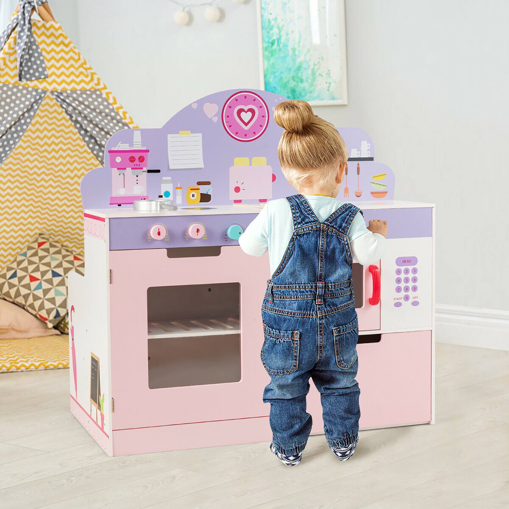 Alt View 1. Costway - Costway 2 in 1 Kids Play Kitchen & Cafe Restaurant Wooden Pretend Cooking Playset Toy - Multicolor.