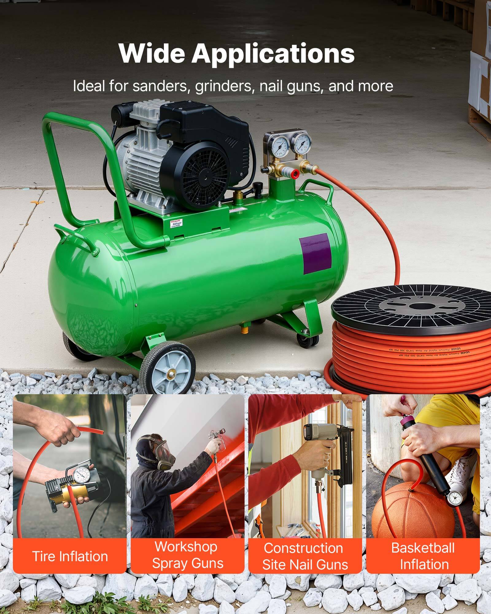 Wide Applications  
Ideal for sanders, grinders, nail guns, and more:  
- Tire Inflation  
- Workshop Spray Guns  
- Construction Site Nail Guns  
- Basketball Inflation