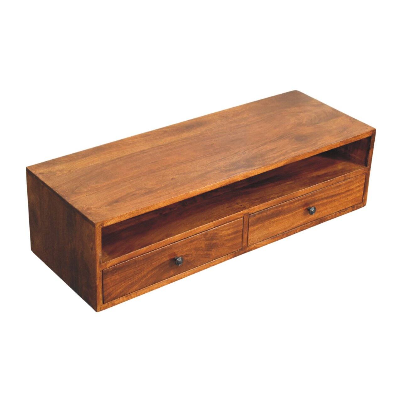 Alt View 1. Artisan Furniture - Artisan Furniture Solid Wood Lunar 2 Drawer Chestnut Wall Mounted Media Unit, 2 Drawers, 1 Shelf, Dark Brown - Brown.