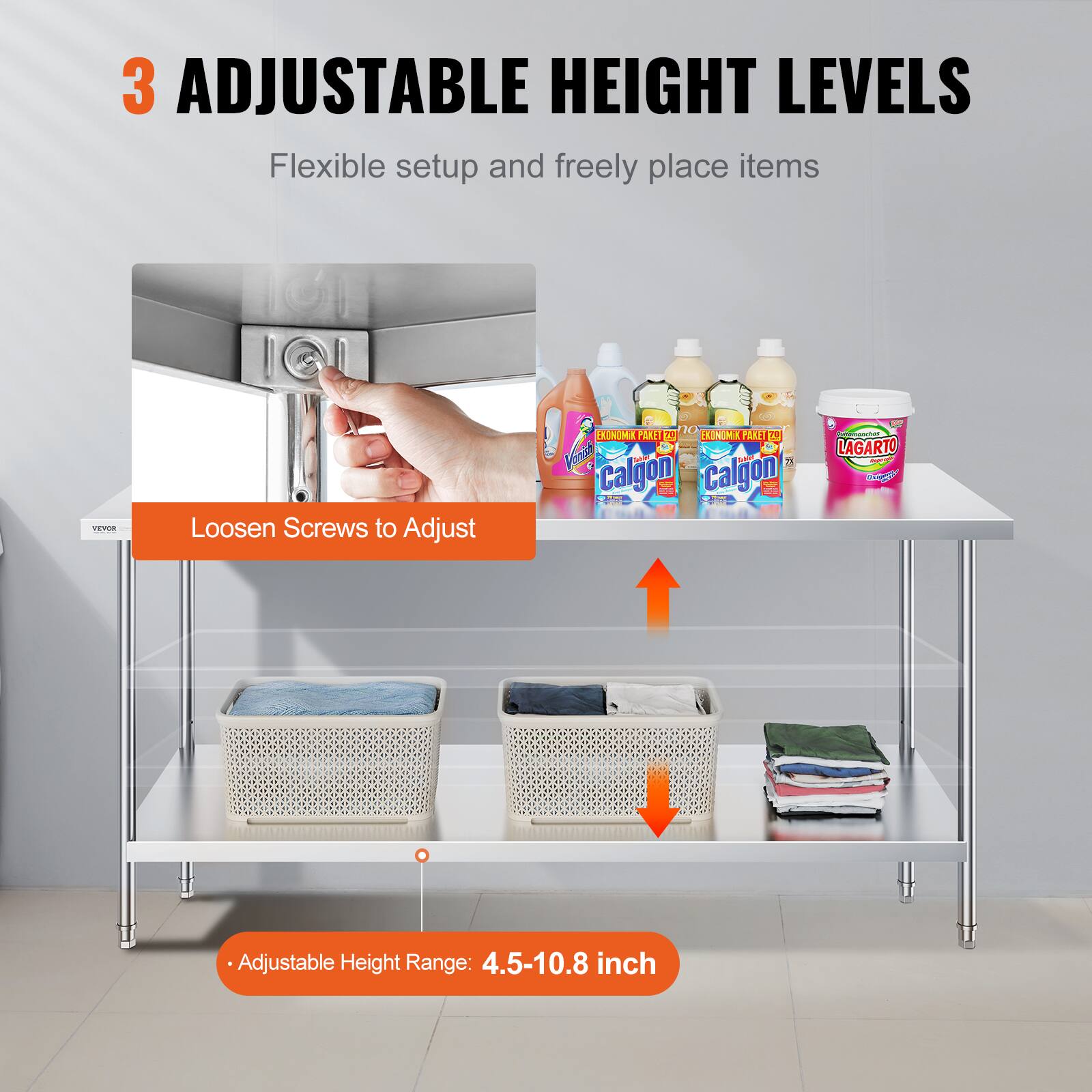 3 ADJUSTABLE HEIGHT LEVELS, Flexible setup and freely place items, Loosen Screws to Adjust, Adjustable Height Range: 4.5-10.8 inch