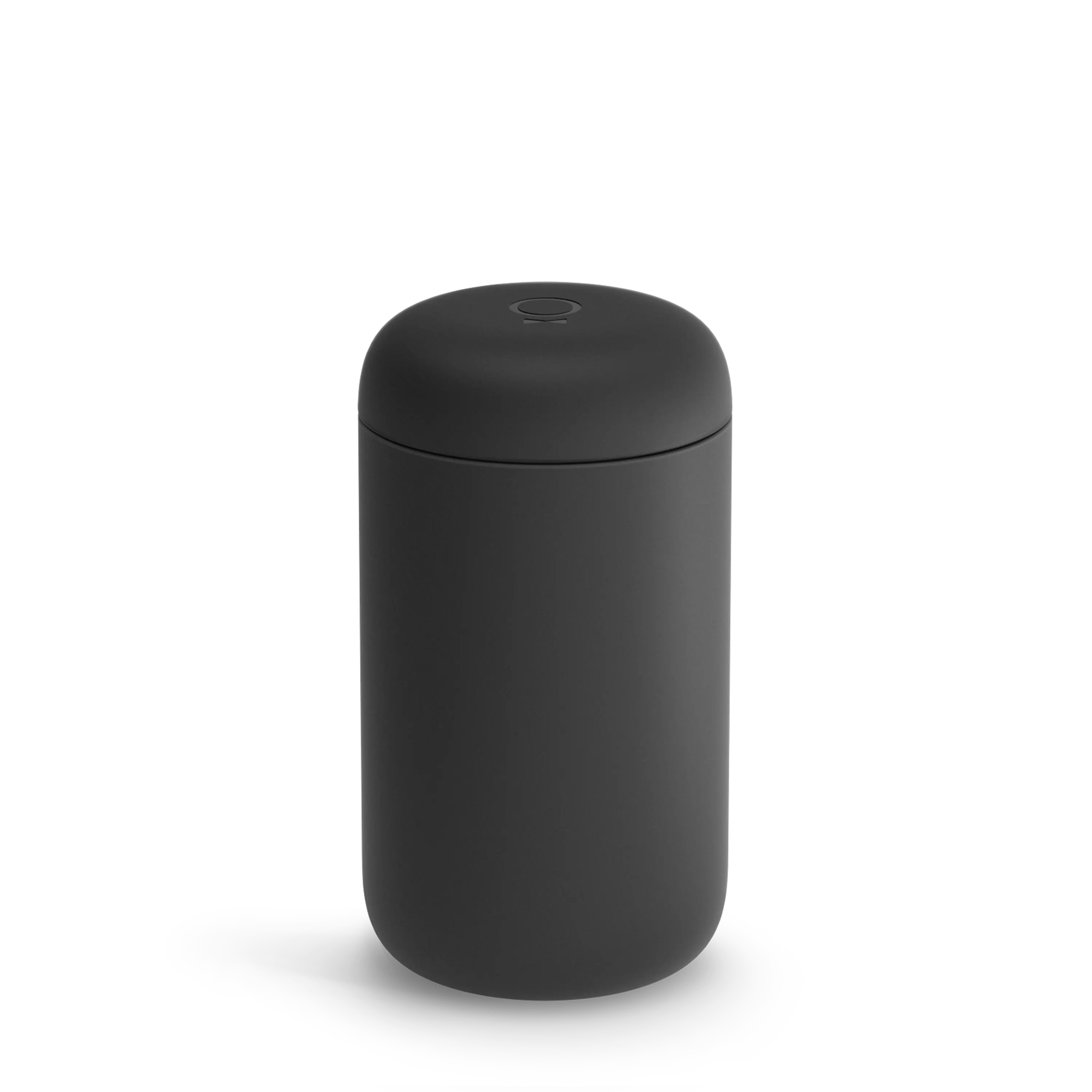 Front. Fellow - Carter Wide Mug made of 18/8 stainless steel, with a BPA-free plastic lid, & inner ceramic coating, 16oz - Matte Black.