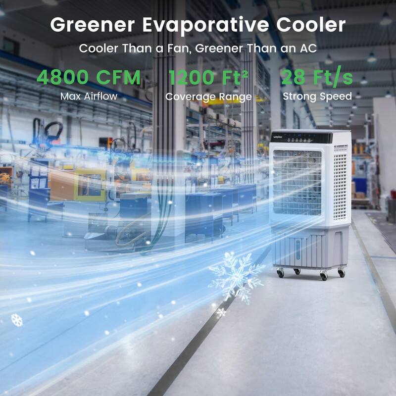 Greener Evaporative Cooler  
Cooler Than a Fan, Greener Than an AC  

4800 CFM  
Max Airflow  

1200 Ft²  
Coverage Range  

28 Ft/s  
Strong Speed