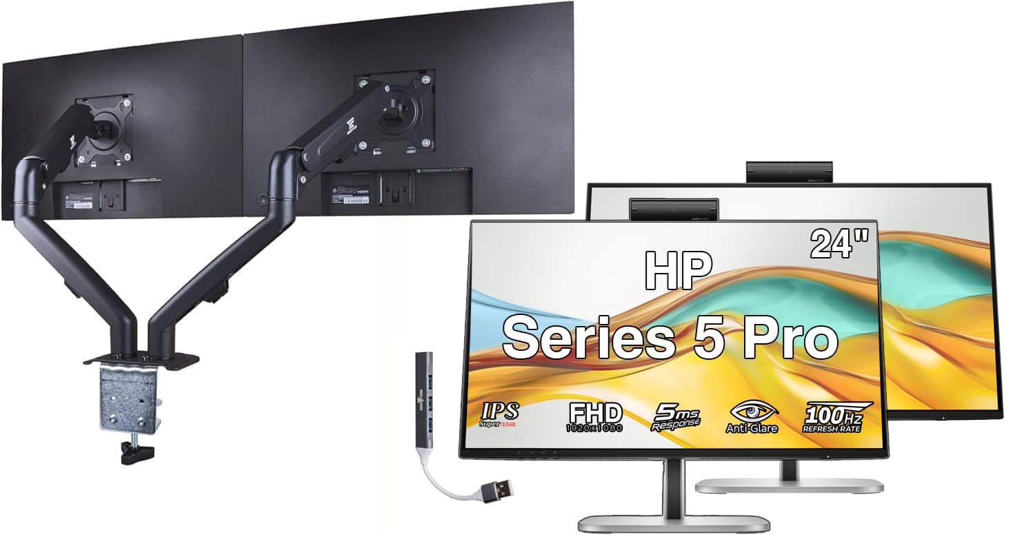 HP - Series 5 Pro 24" FHD IPS Monitor, 5ms Response Time, Anti-Glare, HDMI 2 Pack w/DKZ Hub & Ergoflexy Dual Mount Arm - Black/Silver