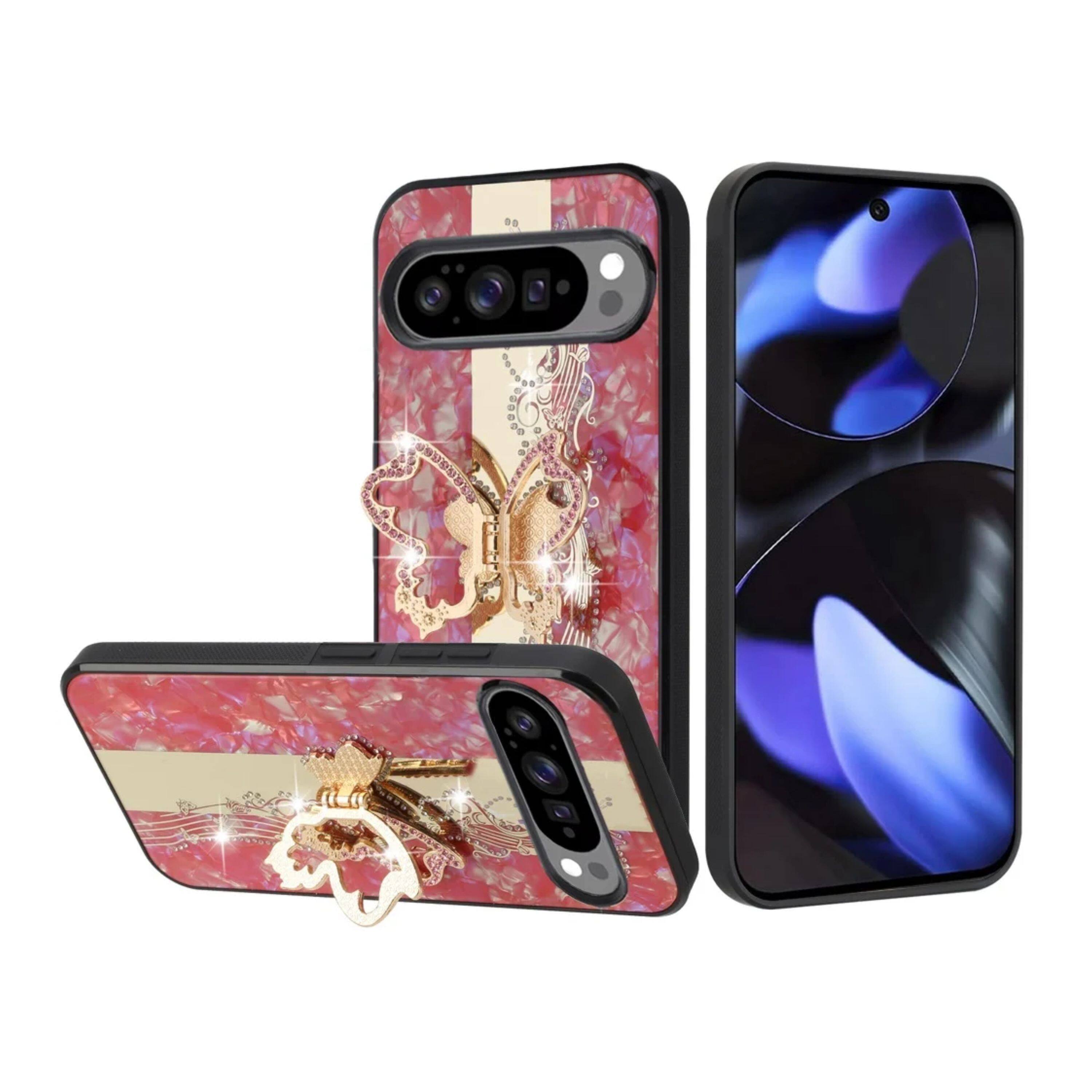 Front. Kitcheniva - Luxury Rhinestone Bling Case With Tempered Glass For Google Pixel 10 / 10 Pro Enchanted Butterfly Red - Multicolor.