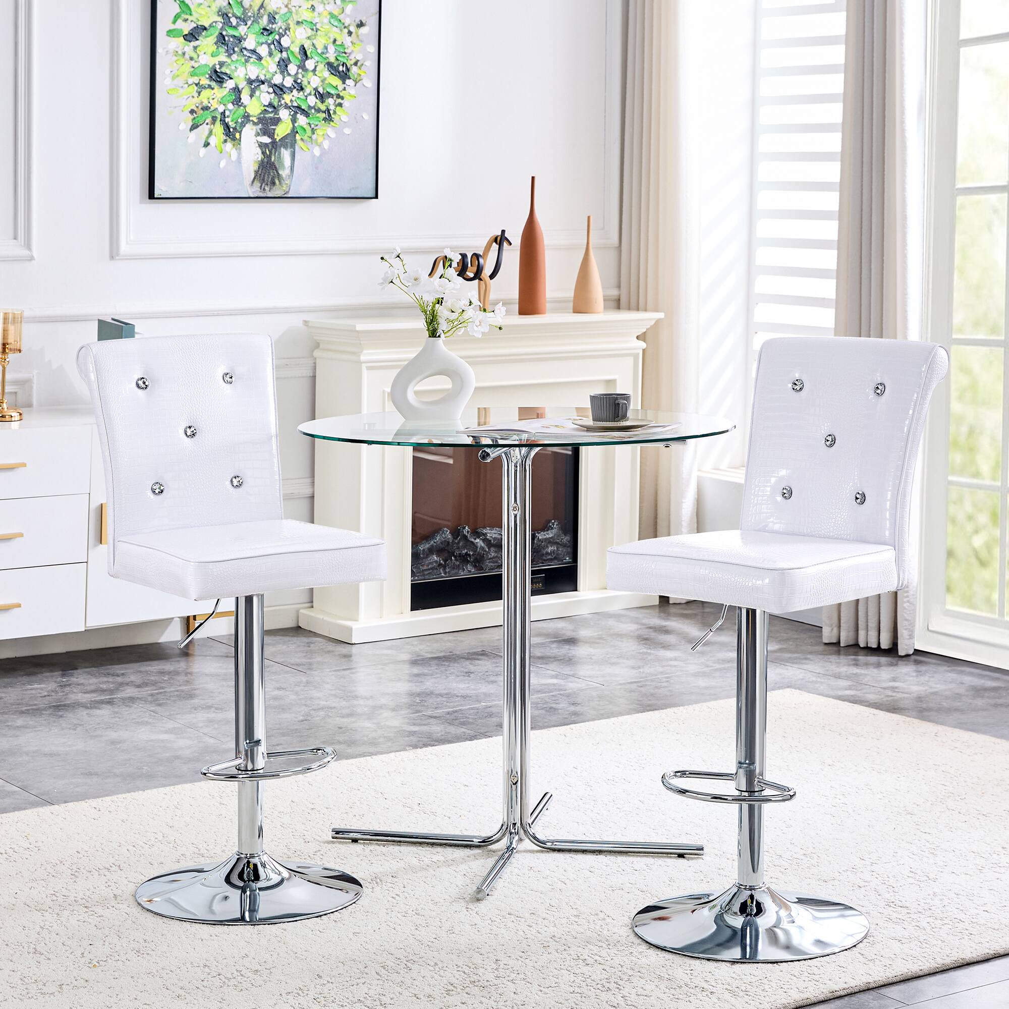 Angle. Anysun - Set of 2 Vintage Crocodile Leather Dining Chairs with Crystal Clasp, Faux Leather Lift Chairs for Home or Restaurant - White,Silver.