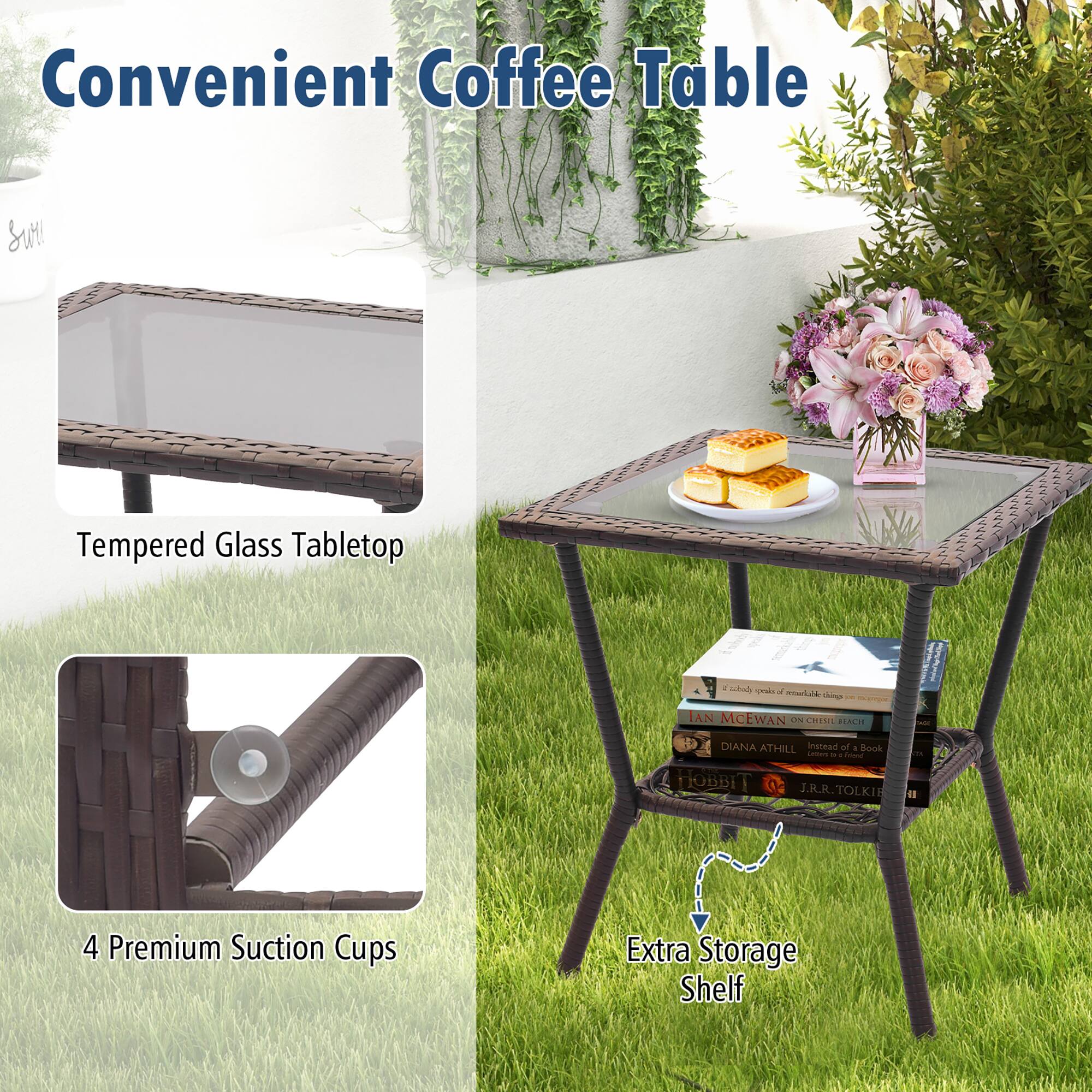 Convenient Coffee Table

Tempered Glass Tabletop

4 Premium Suction Cups

Extra Storage Shelf