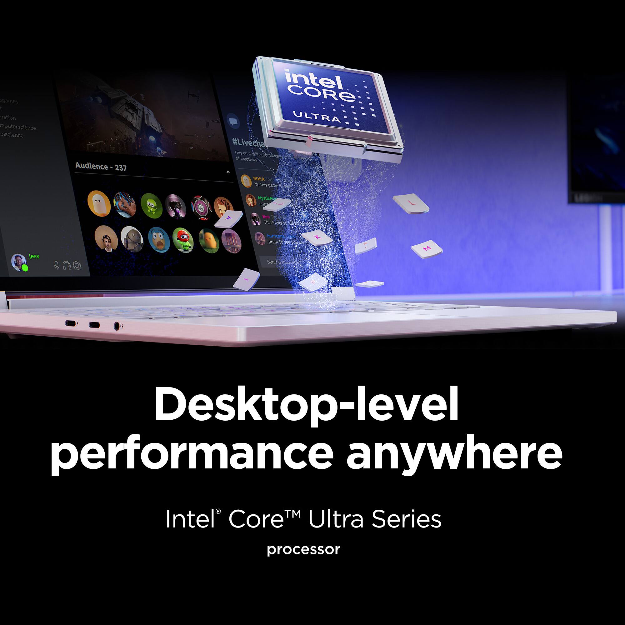 The text on the image reads:

"Desktop-level performance anywhere. Intel Core Ultra Series processor."