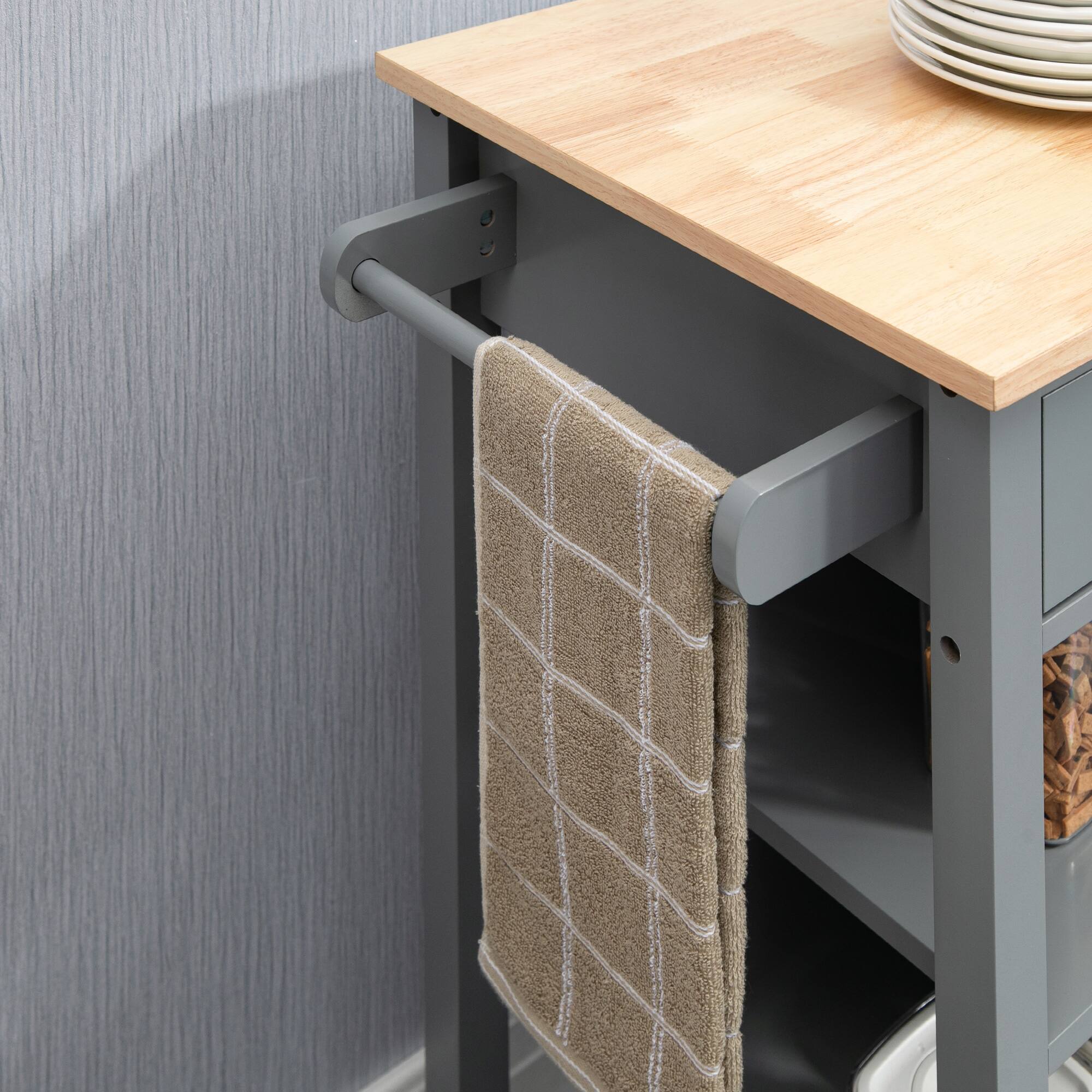 Alt View 4. Homcom - Kitchen Island Cart, Rolling Kitchen Island with Storage Shelf, Solid Wood Top, Drawer, for Dining Room - Grey.