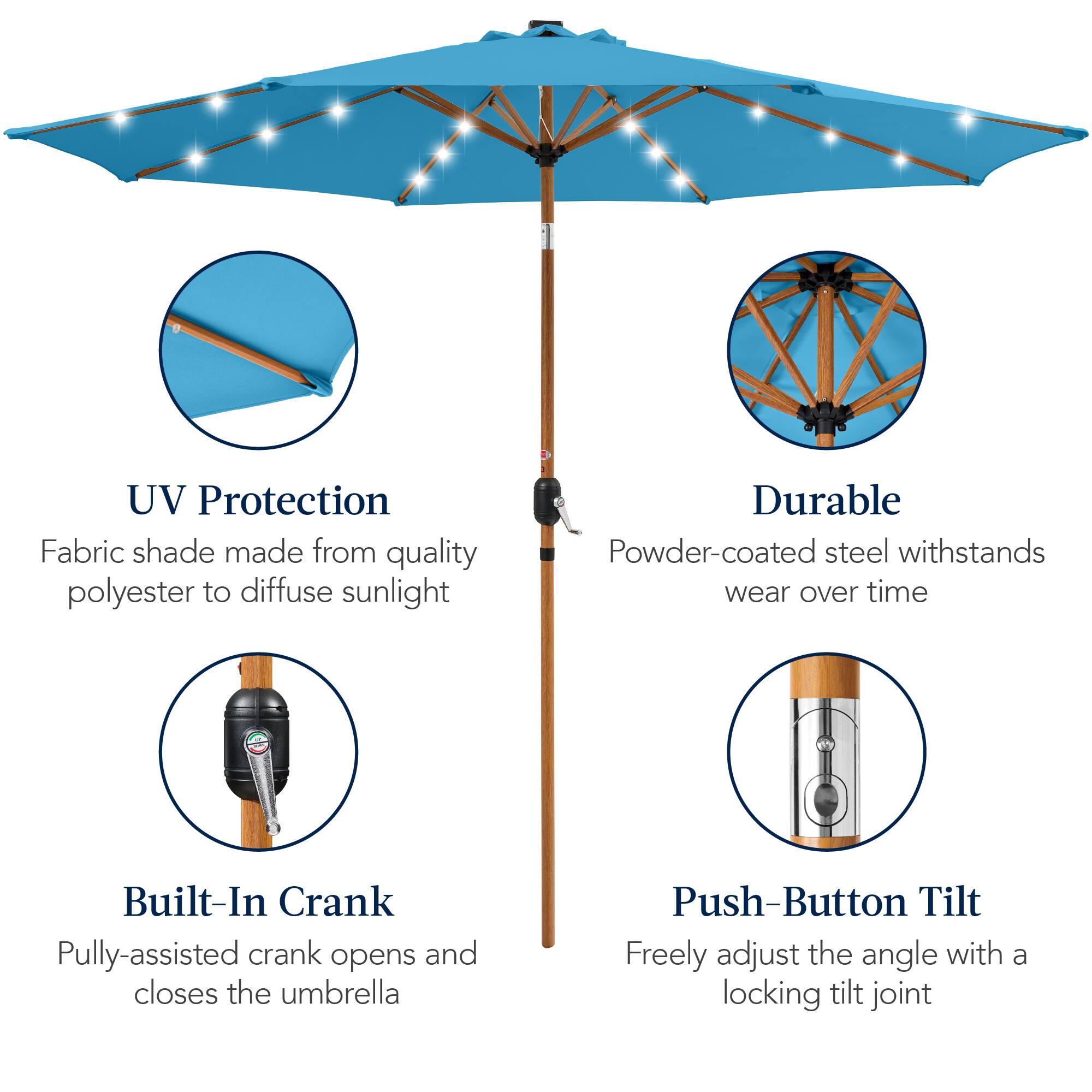 UV Protection: Fabric shade made from quality polyester to diffuse sunlight.

Durable: Powder-coated steel withstands wear over time.

Built-In Crank: Pulley-assisted crank opens and closes the umbrella.

Push-Button Tilt: Freely adjust the angle with a locking tilt joint.