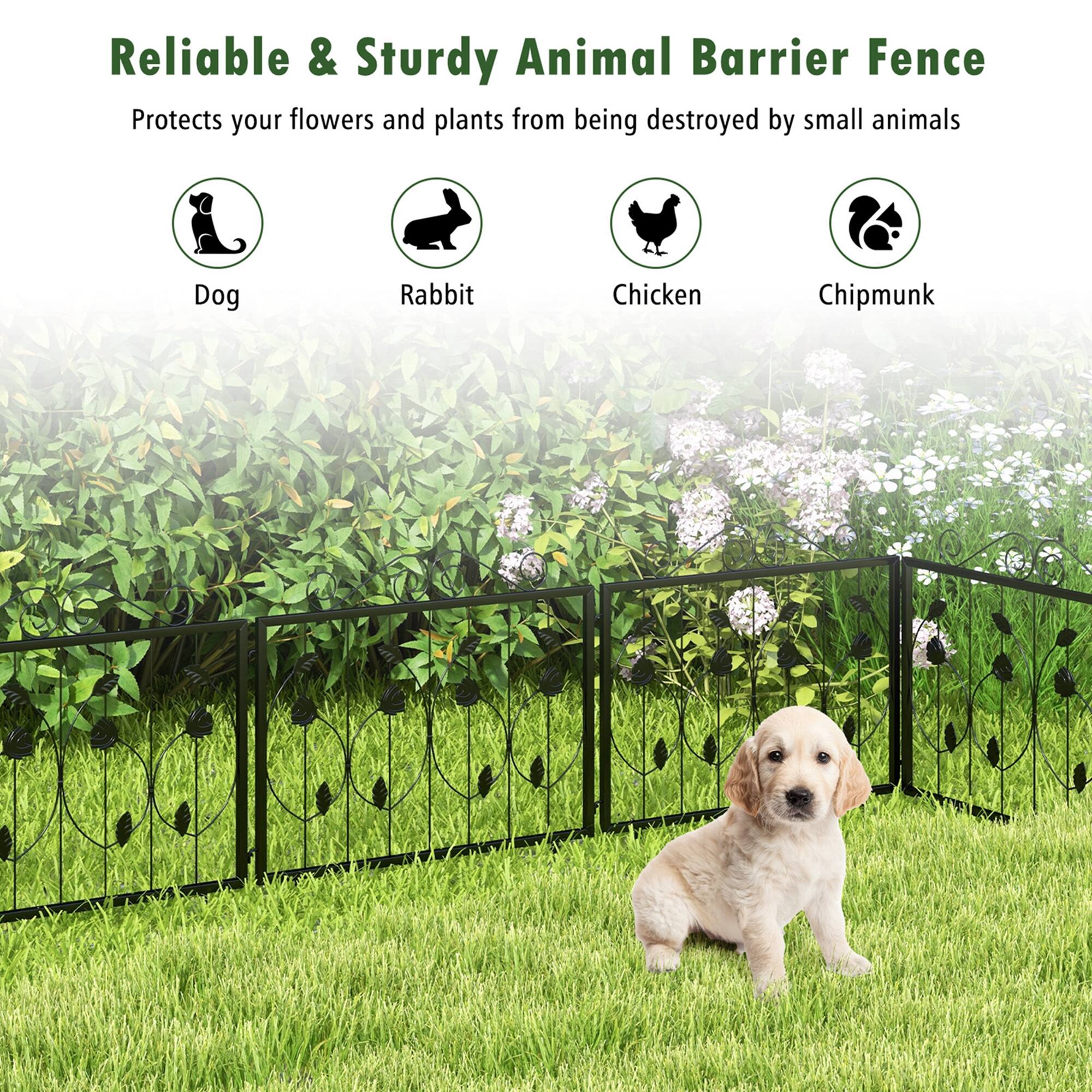 Reliable & Sturdy Animal Barrier Fence Protects your flowers and plants from being destroyed by small animals such as dogs, rabbits, chickens, and chipmunks.