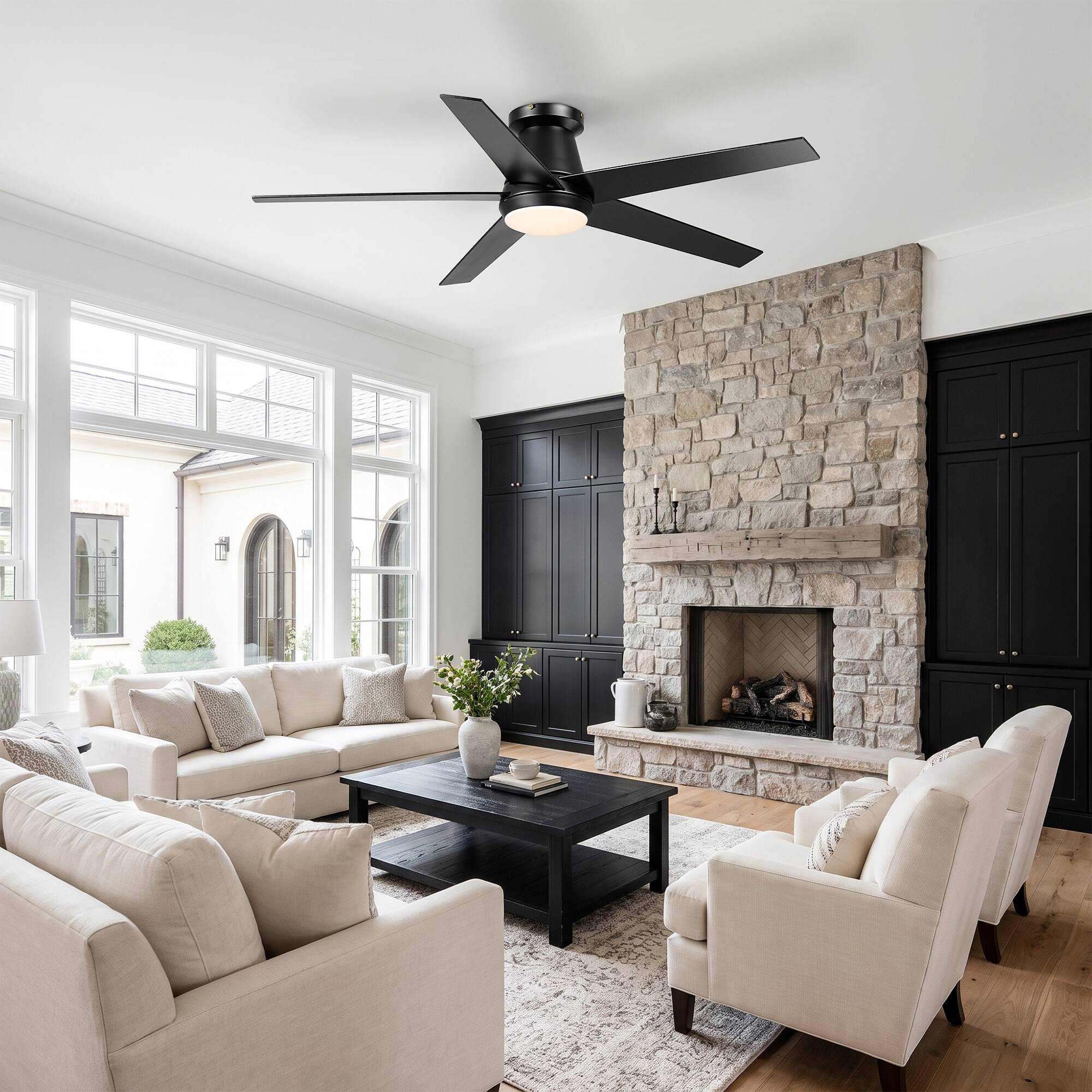 Back. Vaczon - 52 Inch Reversible Blades Flush Mount Smart Ceiling Fan with 3CCT Dimmable LED Light, Remote and App Control - Black.
