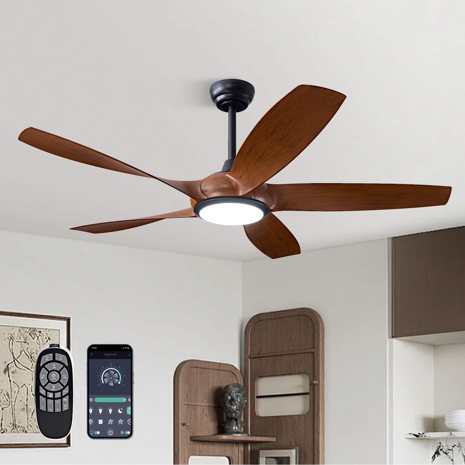 Siljoy - 54-inch Dark Wood Grain Ceiling Fan with Light & Remote 5-Blade Modern Indoor Fan - Brown
