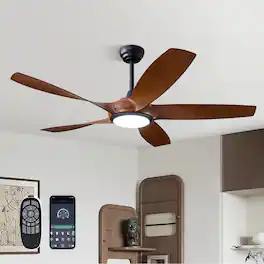 Siljoy - 54-inch Dark Wood Grain Ceiling Fan with Light & Remote 5-Blade Modern Indoor Fan - Brown