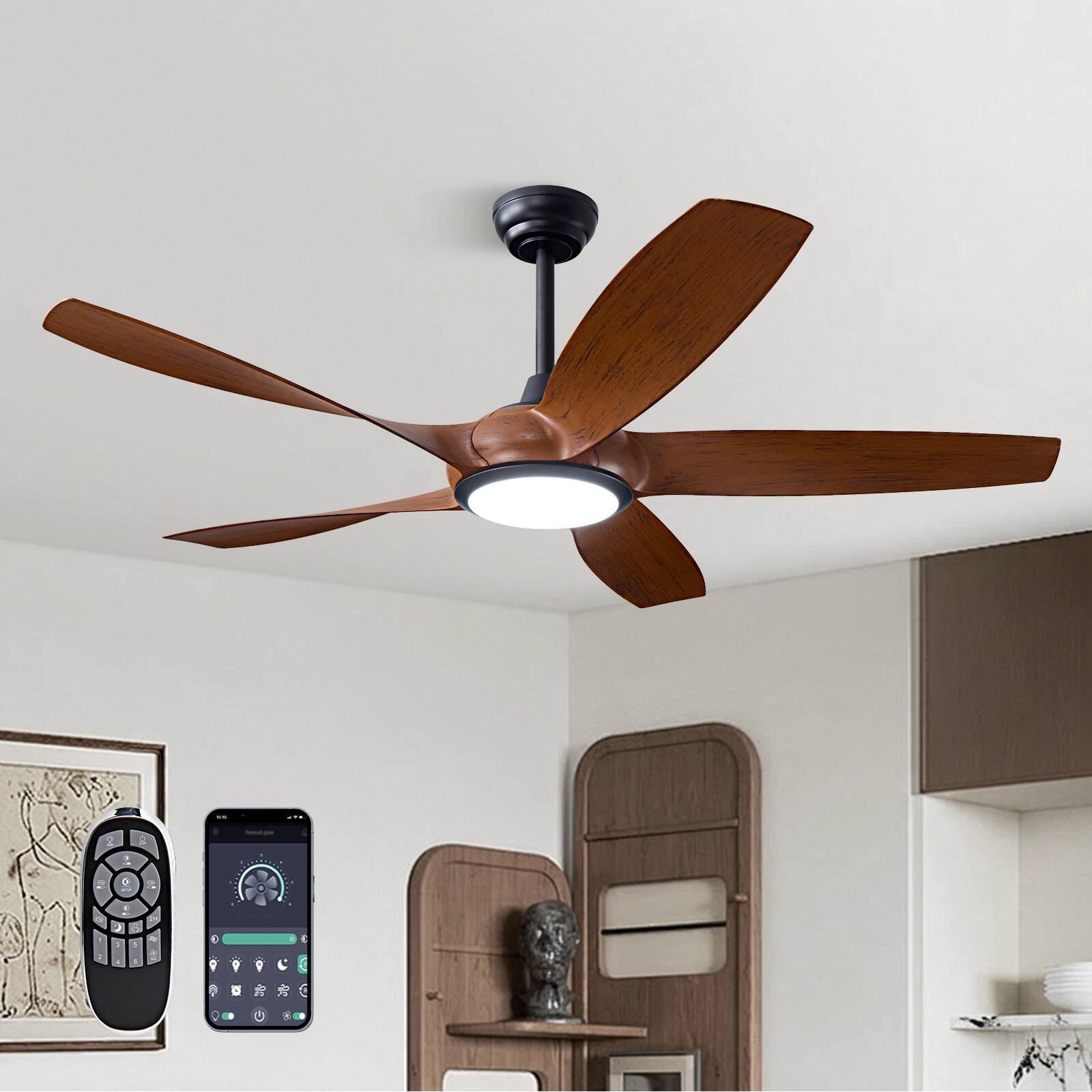 Front. Siljoy - 54-inch Dark Brown Wood Grain Ceiling Fan with Light & Remote 5-Blade Modern Indoor Fan - Brown.