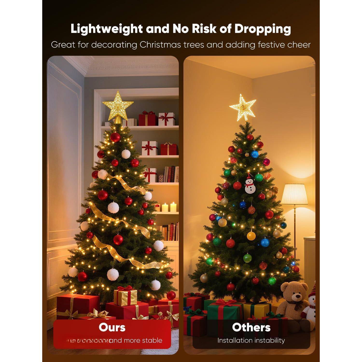 Lightweight and No Risk of Dropping  
Great for decorating Christmas trees and adding festive cheer  

Ours  
57 bonzoanzand more stable  

Others  
Installation instability