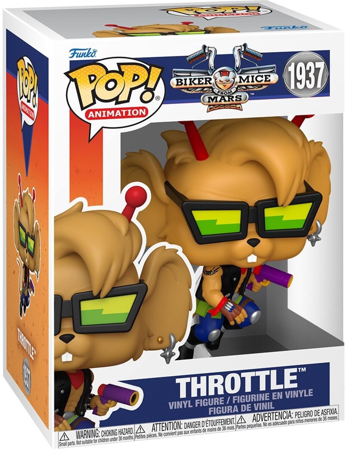 The text on the image is:

"Funio POP! ANIMATION
1937 BIKER MICE FROM MARS
THROTTLE
VINYL FIGURE / FIGURINE EN VINYLE / FIGURA DE VINIL
WARNING: CHOKING HAZARD. Small parts. Not suitable for children under 36 months.
ADVERTENCIA: PEIGRO DE ASFIXIA. D'TOUFFEMENT. ADVERTENCIA: nios menores de 36 meses.
DANGER: No es adecuado para ATTENTION: de 36 mois. Partes pequenas. HAZARD. ! enfants de moins de 36 mois. Not suitable for Small parts."

Corrected and grouped text:

"Funio POP! ANIMATION
1937 BIKER MICE FROM MARS
THROTTLE
VINYL FIGURE / FIGURINE EN VINYLE / FIGURA DE VINIL
WARNING: CHOKING HAZARD. Small parts. Not suitable for children under 36 months.
ADVERTENCIA: PEIGRO DE ASFIXIA. ADVERTENCIA: niños menores de 36 meses.
DANGER: No es adecuado para ATTENTION: de 36 mois. Partes pequeñas. HAZARD. ! enfants de moins de 36 mois. Not suitable for Small parts."