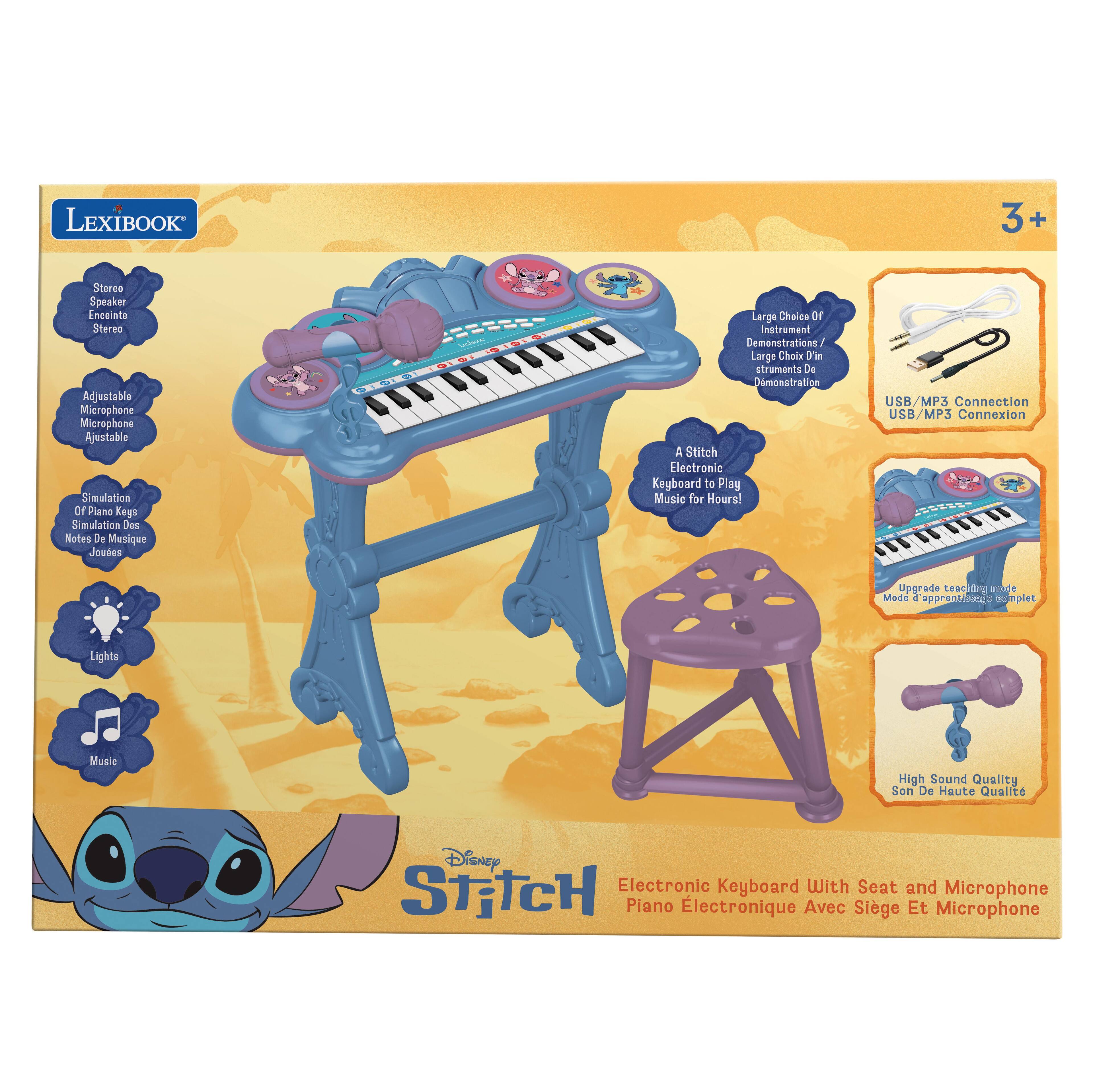 LEXIBOOK 3+  
Stereo Speaker  
Enceinte Stereo  
Adjustable Microphone  
Mirophone Ajustable  
Simulation Dr Of Plano  
Simulation Des Notes De Musique  
Tadien Larga Choice or instrument Demonstrations  
Large Choix d'Instruments De Démonstration  
A Stitch Electronic Keyboard to Play Music for Hours!  
USB/MP3 Connection  
USB/MP3 Connexion  
Upgrade teaching mode  
Mode d'apprentissage complet  
Lights  
Music  
High Sound Quality  
Son De Haute Qualité  
Disney STiTCH Electronic Keyboard With Seat and Microphone  
Piano Électronique Avec Siège Et Microphone