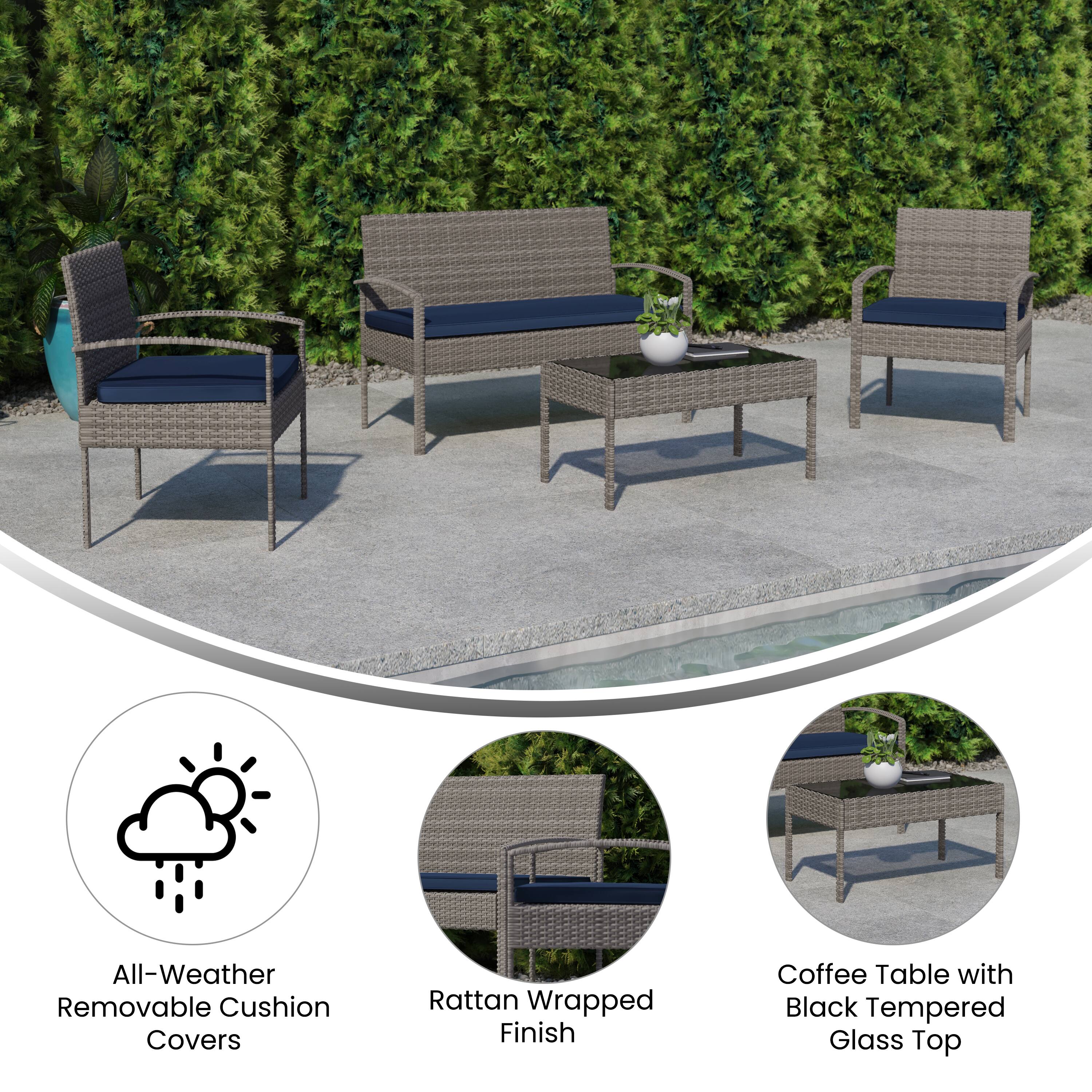 All-Weather Removable Cushion Covers  
Rattan Wrapped Finish  
Coffee Table with Black Tempered Glass Top