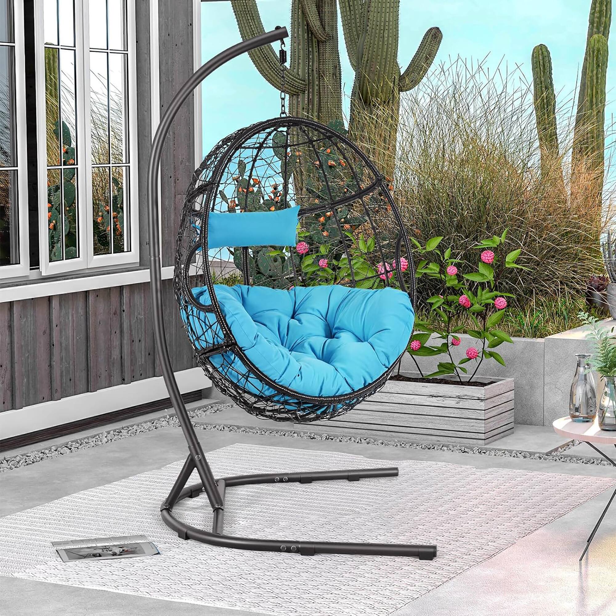 Alt View 3. Gymax - Gymax Hanging Hammock Chair Egg Swing Chair w/ Blue Cushion Pillow Stand - as pic.