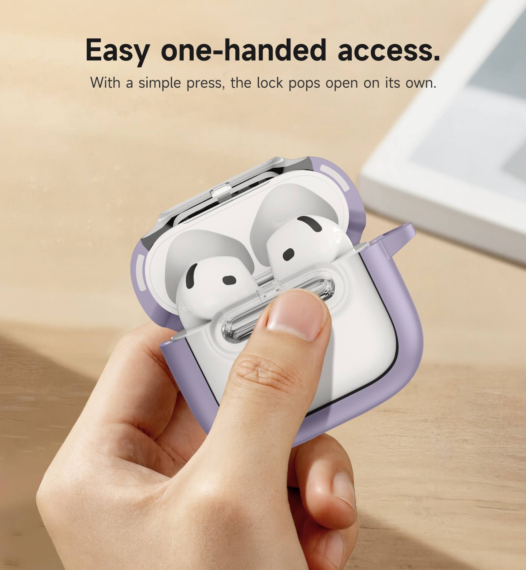 Easy one-handed access.  
With a simple press, the lock pops open on its own.