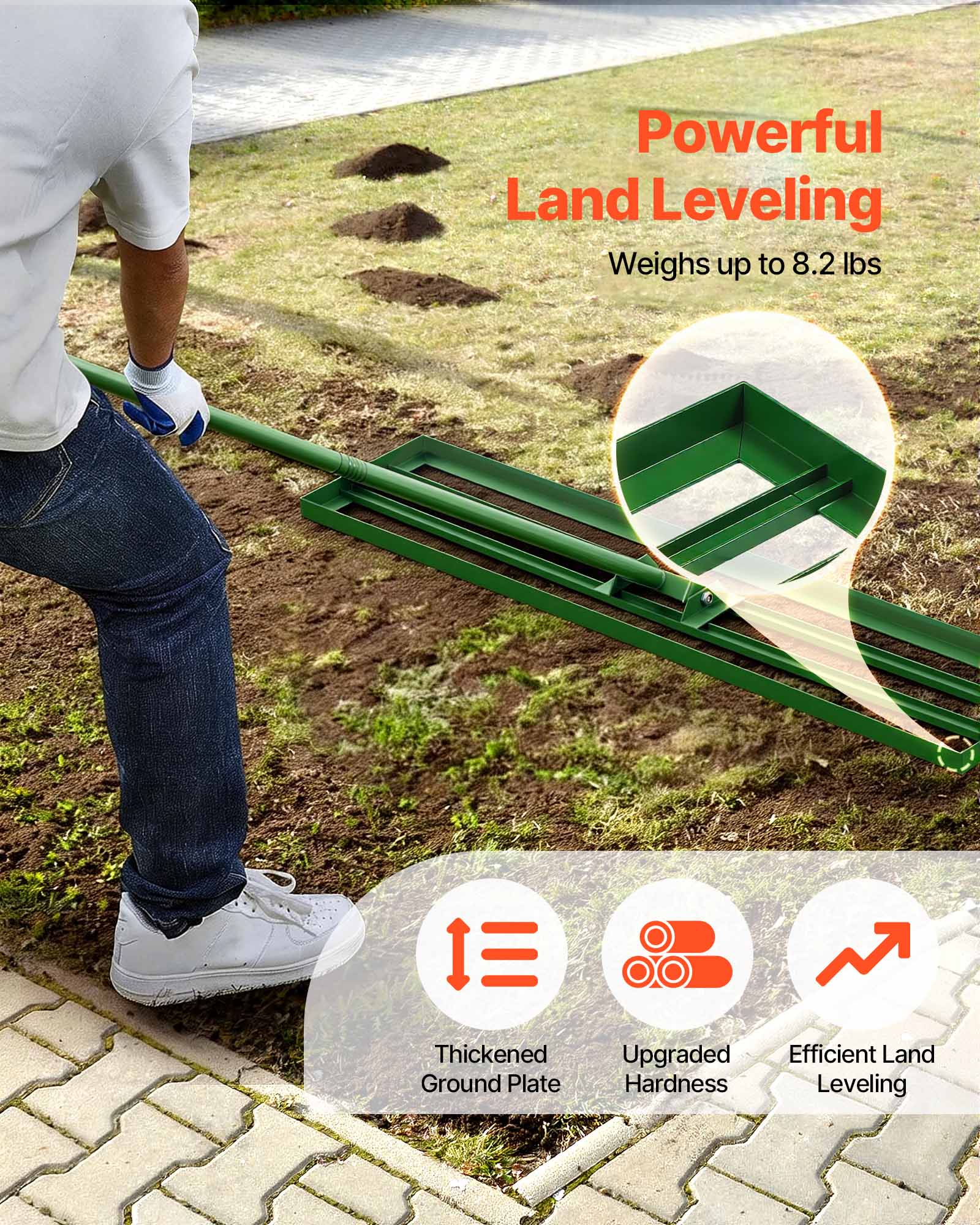 Powerful Land Leveling  
Weighs up to 8.2 lbs  

Thickened Ground Plate  
Upgraded Hardness  
Efficient Land Leveling