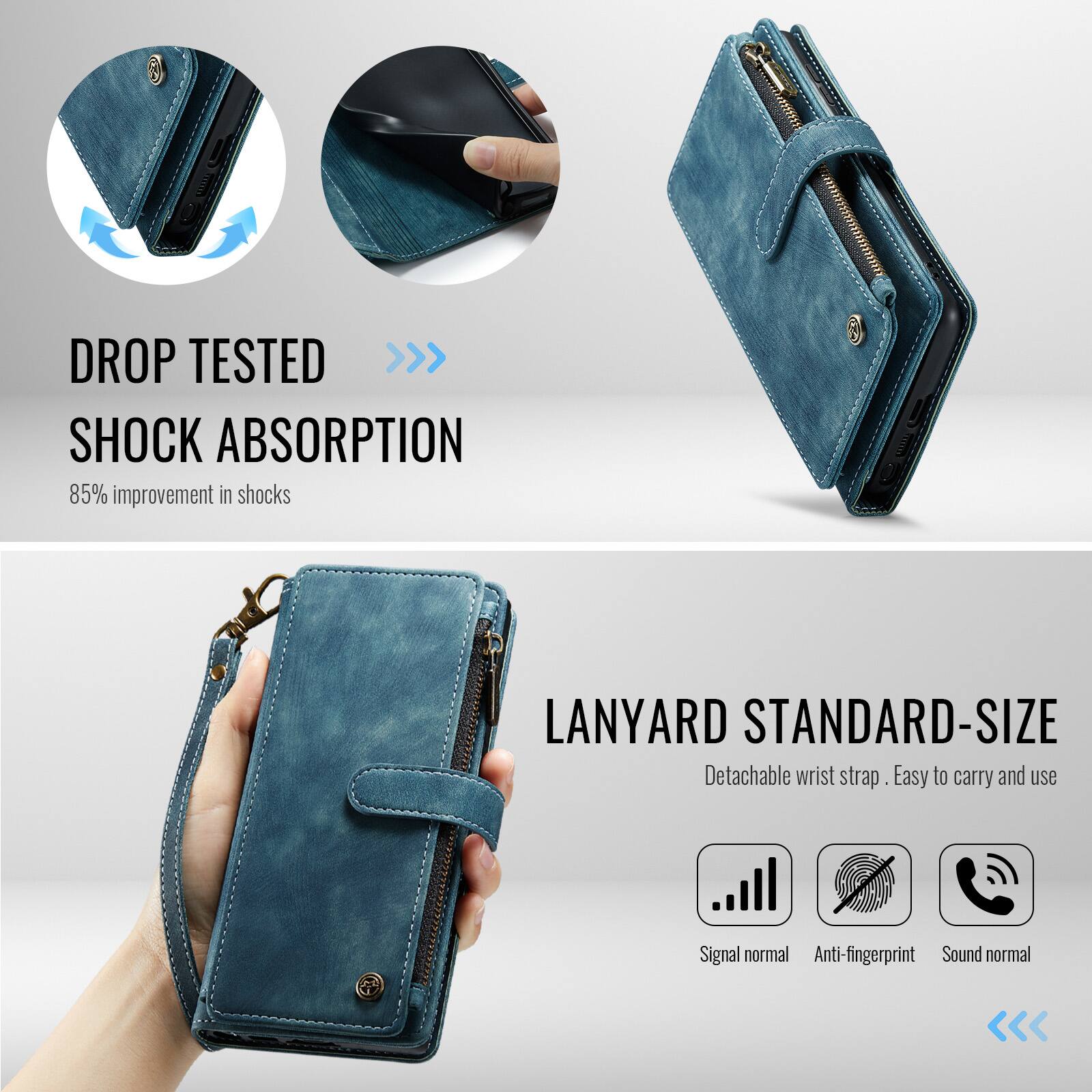 DROP TESTED  
SHOCK ABSORPTION  
85% improvement in shocks  

LANYARD STANDARD-SIZE  
Detachable wrist strap  
Easy to carry and use  

Signal normal  
Anti-fingerprint  
Sound normal