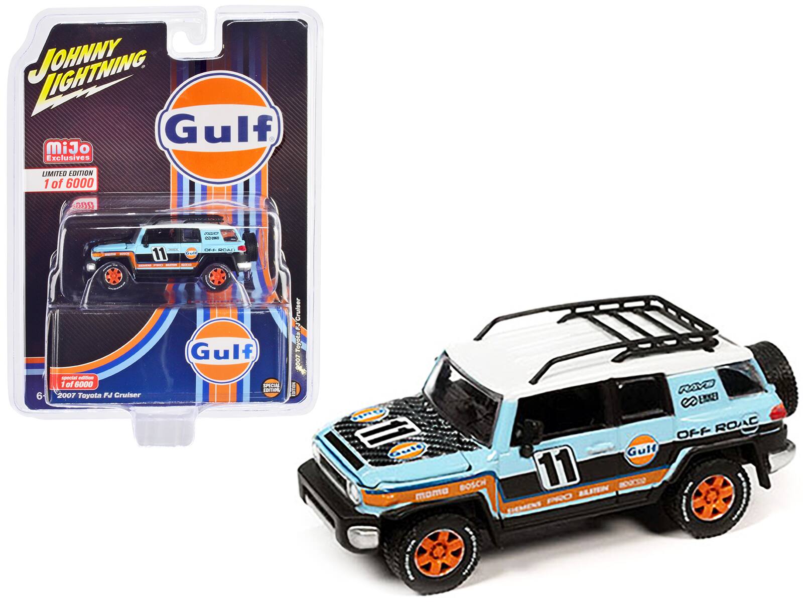 JOHNNY LIGHTNING  
Gulf  
MiJo Exclusives  
LIMITED EDITION  
1 of 6000  
2007 Toyota FJ Cruiser  
Gulf  
OFF-ROAD  
11  
BOSCH  
moma  
ALJIN  
PRO  
DEMENT
