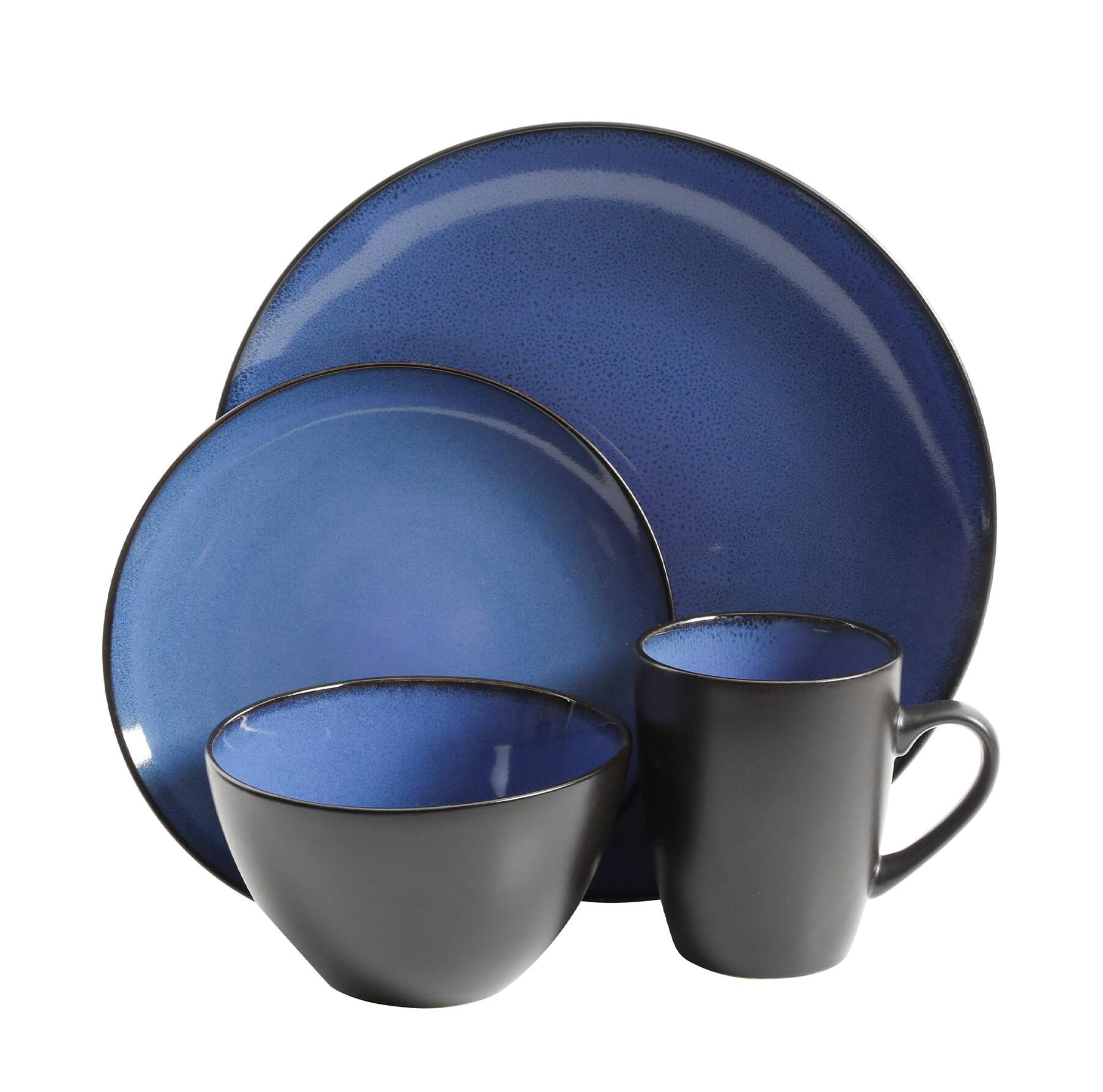 Angle. Dazzed Corner - Round Reactive Glaze Stoneware Dinnerware Set, Service for 4 (16pc) - Blue.