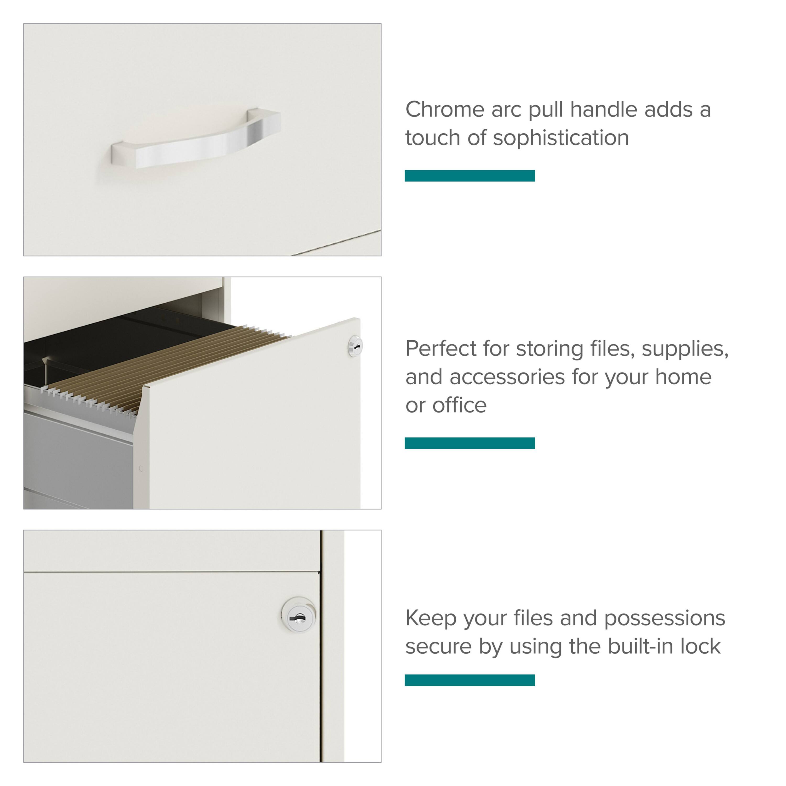 Chrome arc pull handle adds a touch of sophistication

Perfect for storing files, supplies, and accessories for your home or office

Keep your files and possessions secure by using the built-in lock