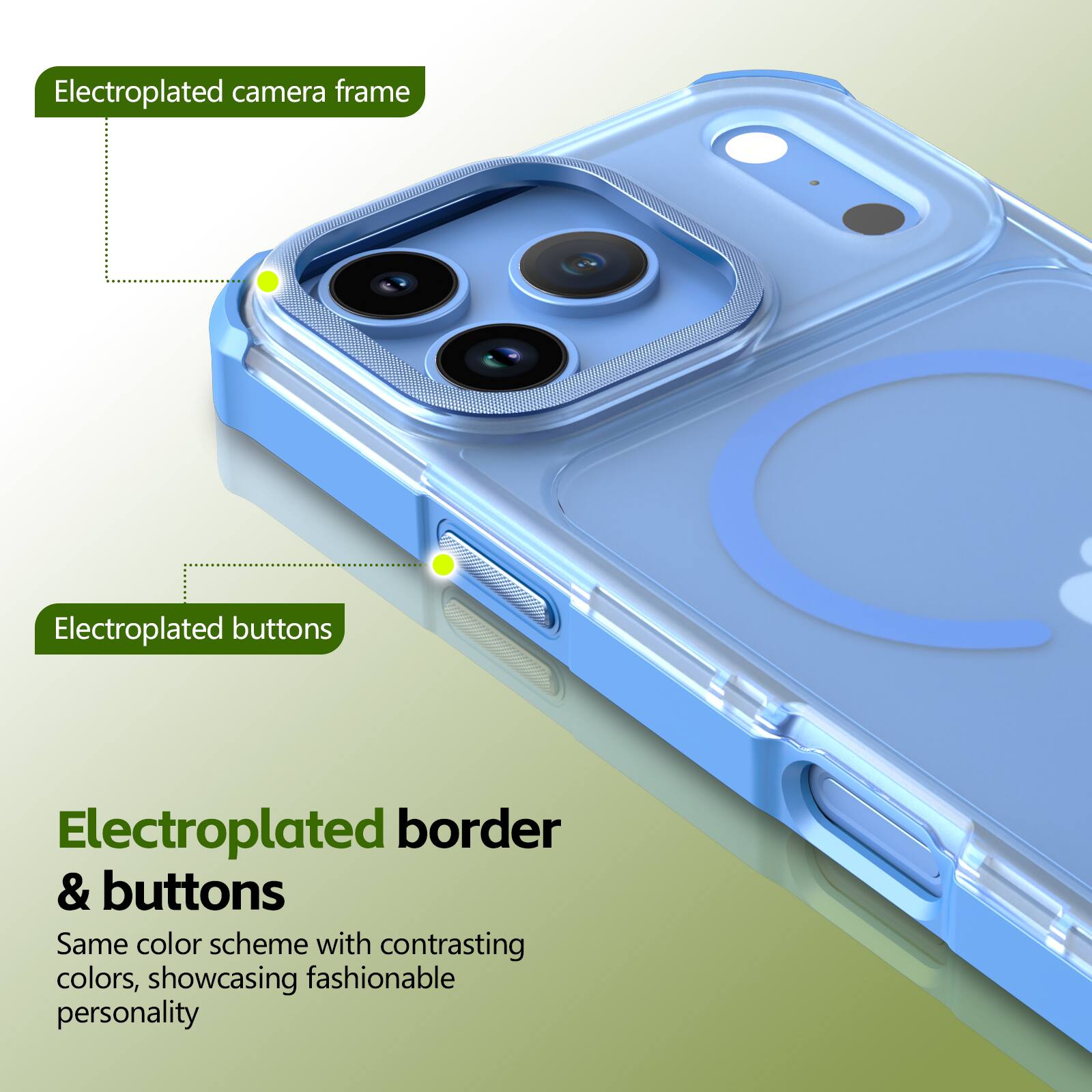 Electroplated camera frame  
Electroplated buttons  
Electroplated border & buttons  
Same color scheme with contrasting colors, showcasing fashionable personality
