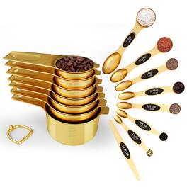 Sugift - 15-Piece Stainless Steel Measuring Cups and Spoons Set with Dual-Sided Design, Magnetic Nesting for Dry and Liquid - Gold