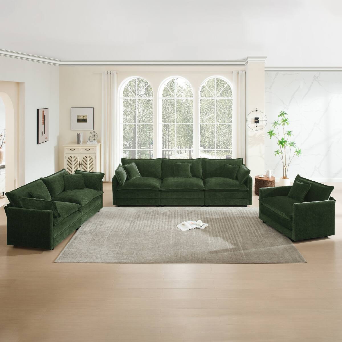 Front. Ropilly - Ropilly Green Chenille Sectional Sofa 3 Piece Sofa Set with Extra Deep Seat for Living Room - Green.